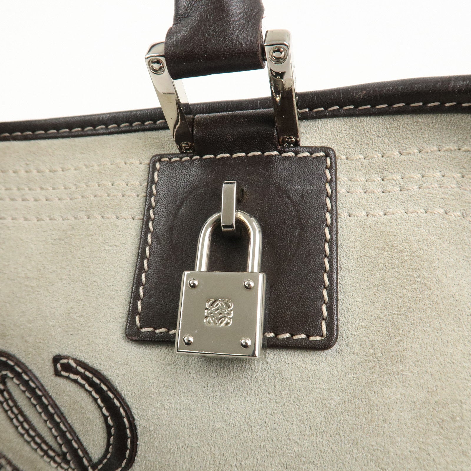 LOEWE Anagram Amazona 28 Suede Leather Hand Bag Ivory Brown Used