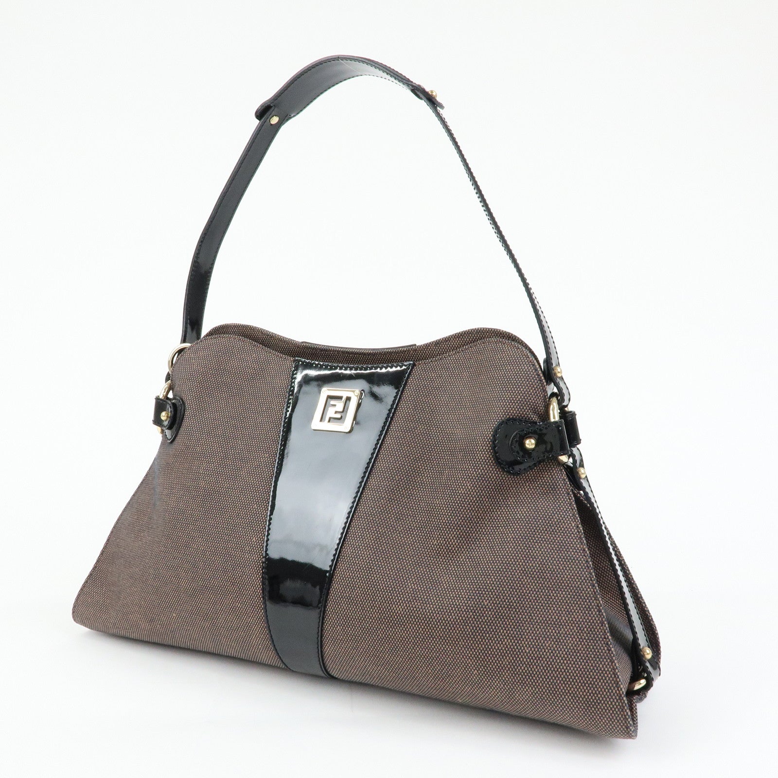 FENDI Canvas Patent Leather Shoulder Hand Bag Brown Black 8BR421