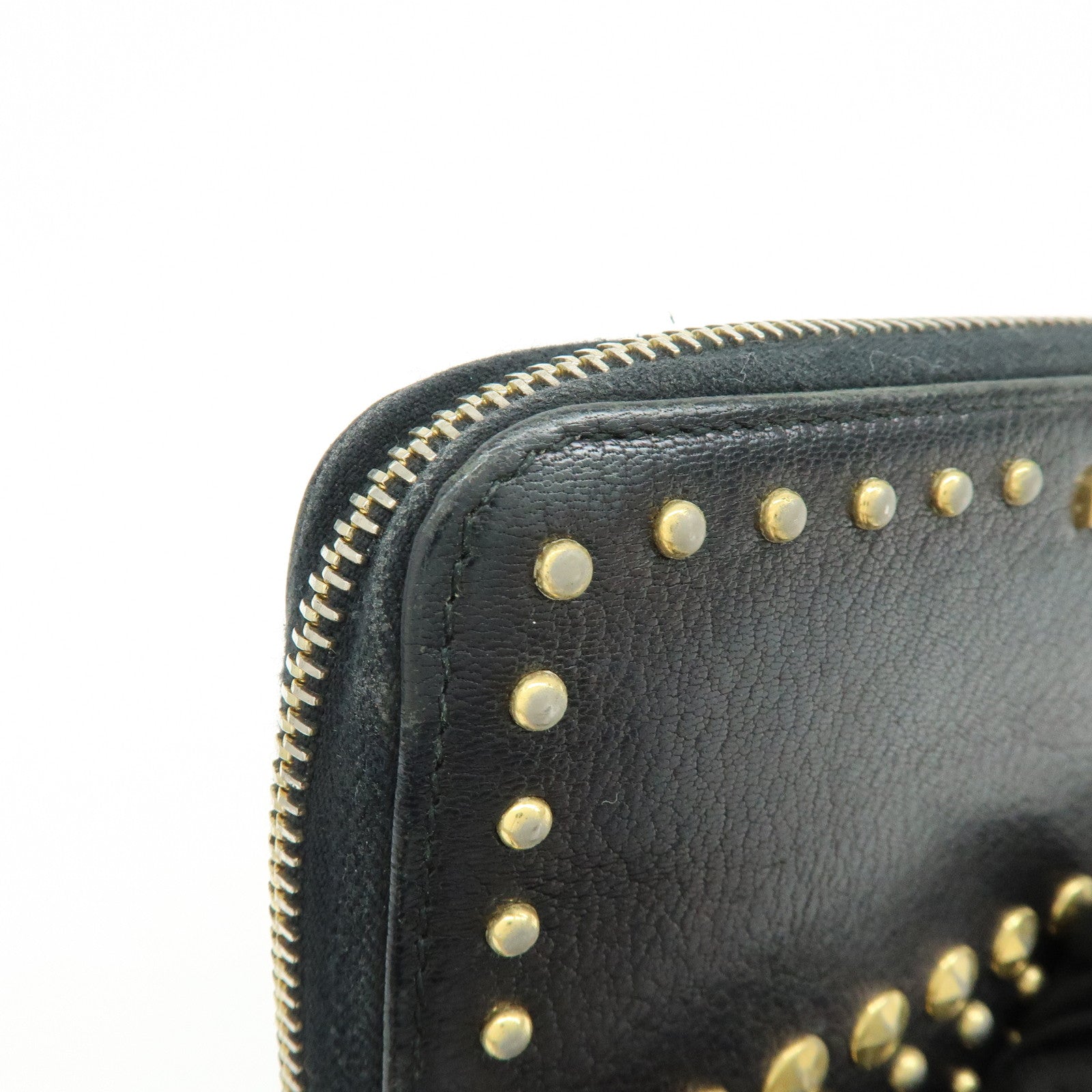 MIU MIU Logo Leather Studs Zippy Long Wallet Black 5M0506