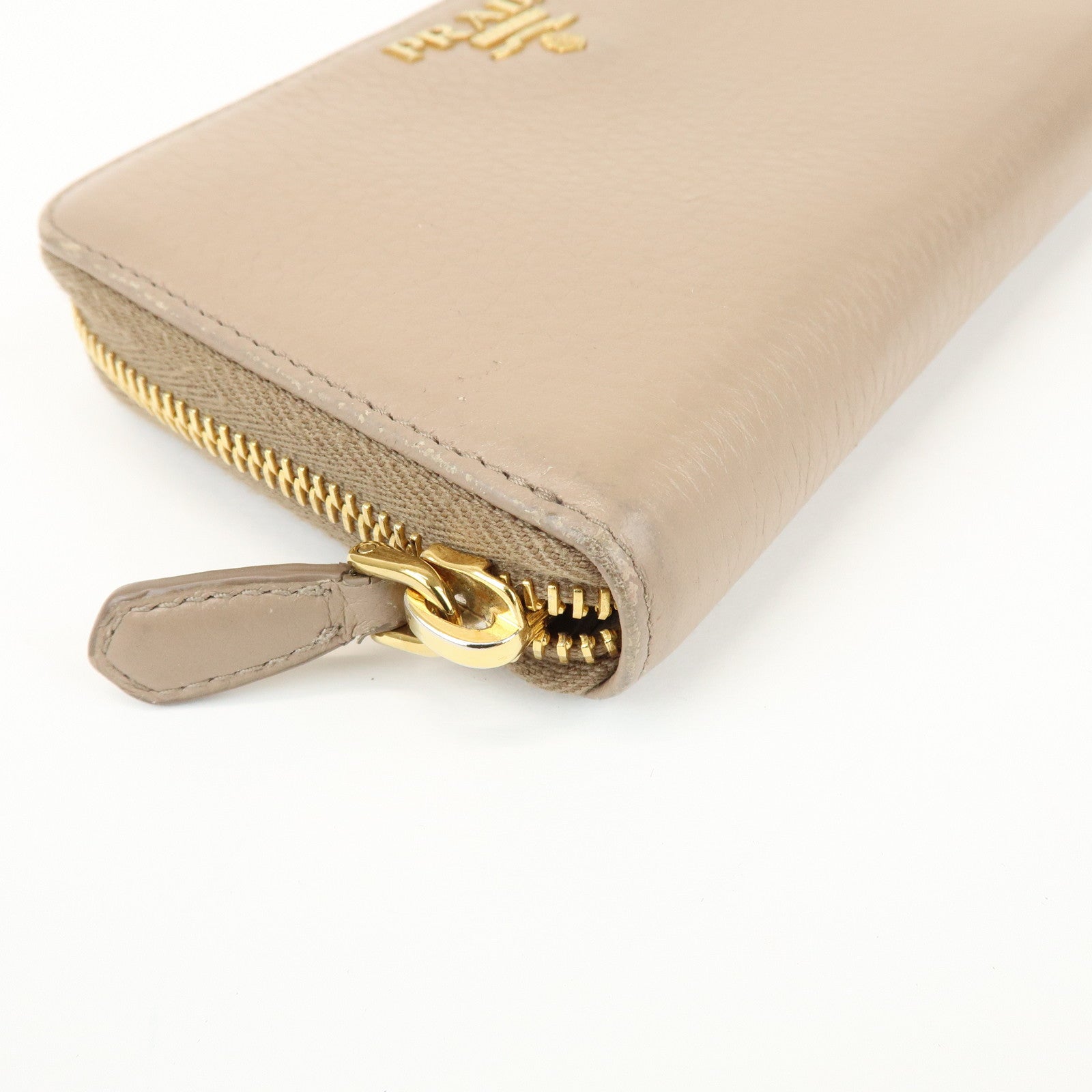 PRADA Calf Leather Compact Round Zippy Wallet Beige Gold