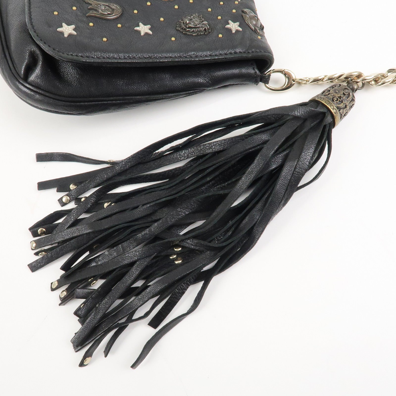 JIMMY CHOO Zodiac Leather Studs Shoulder Bag Black Gold HDW Used