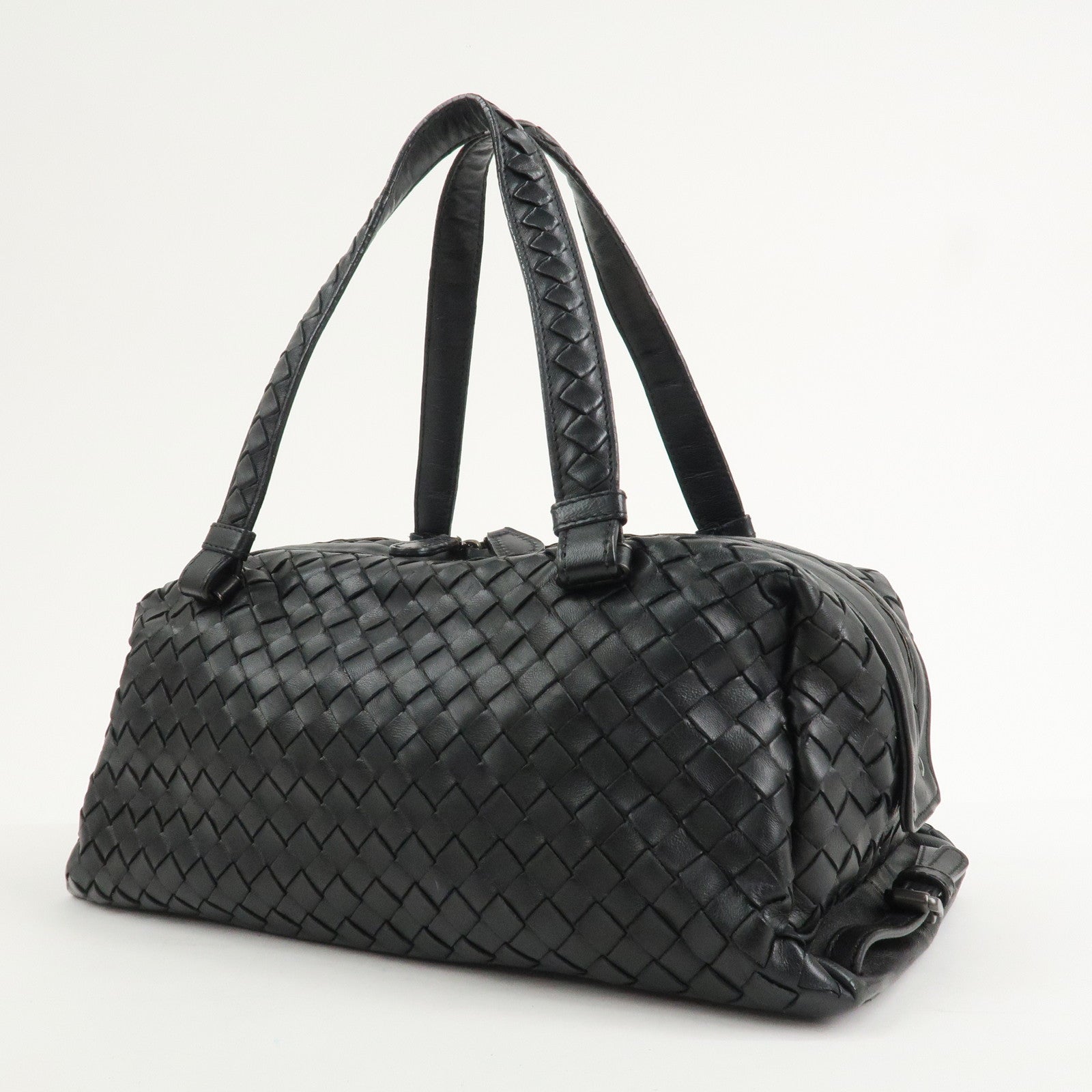 BOTTEGA VENETA Intrecciato Leather Boston Bag Hand Bag Black 145121