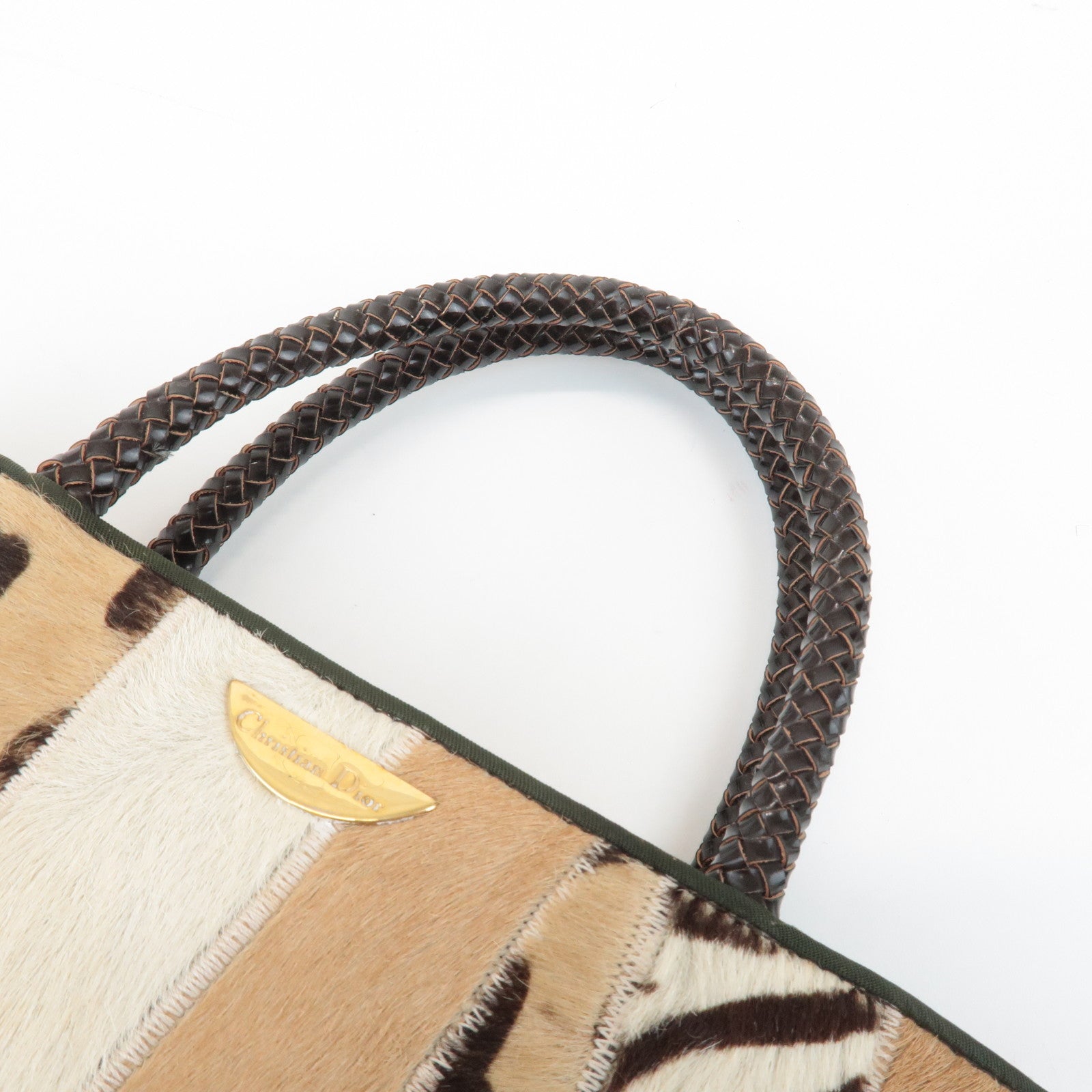 Christian Dior Leather Unborn Calf Tote Bag Leopard Beige Brown Used