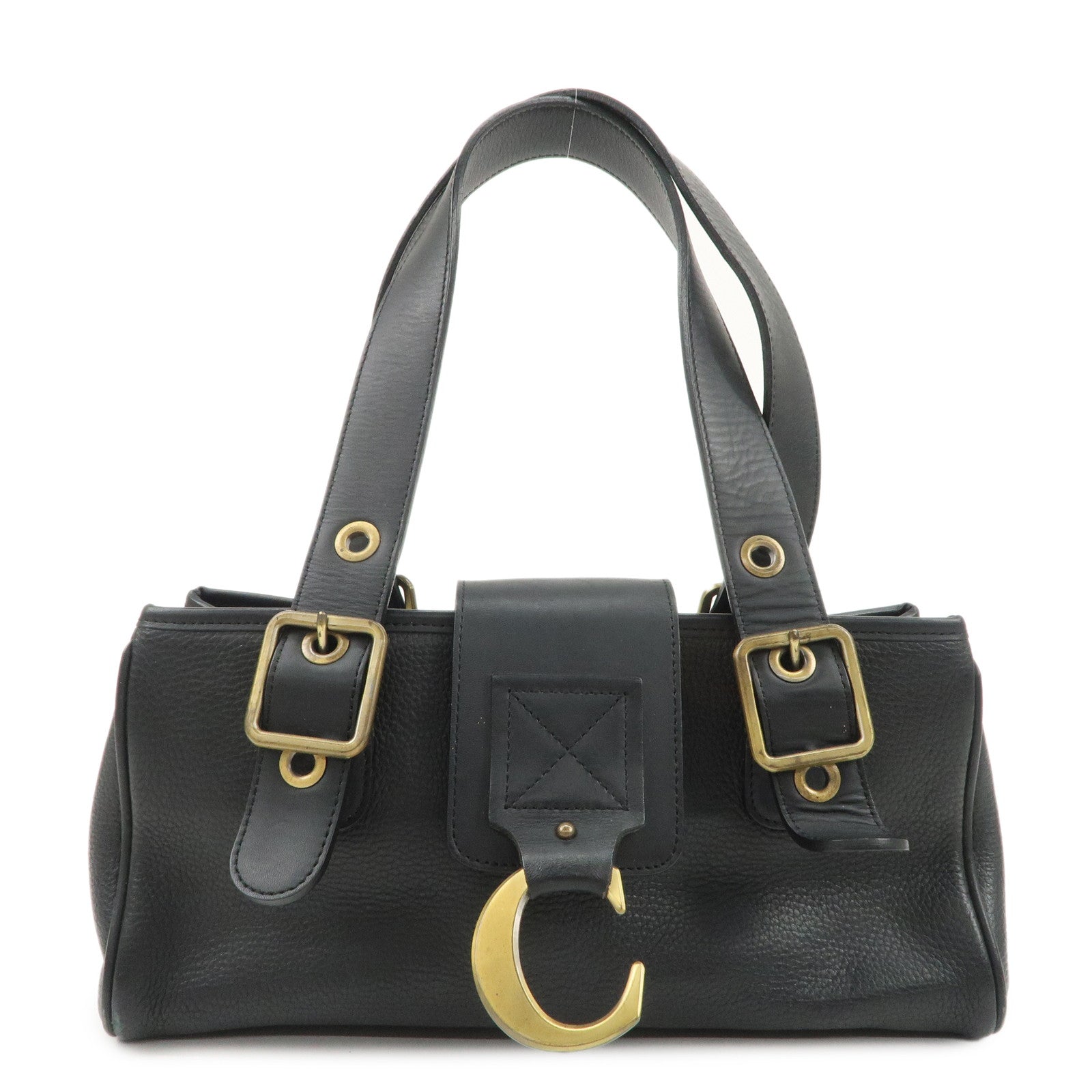 Chloe Logo Leather Shoulder Bag Hand Bag Black Gold Hardware Used