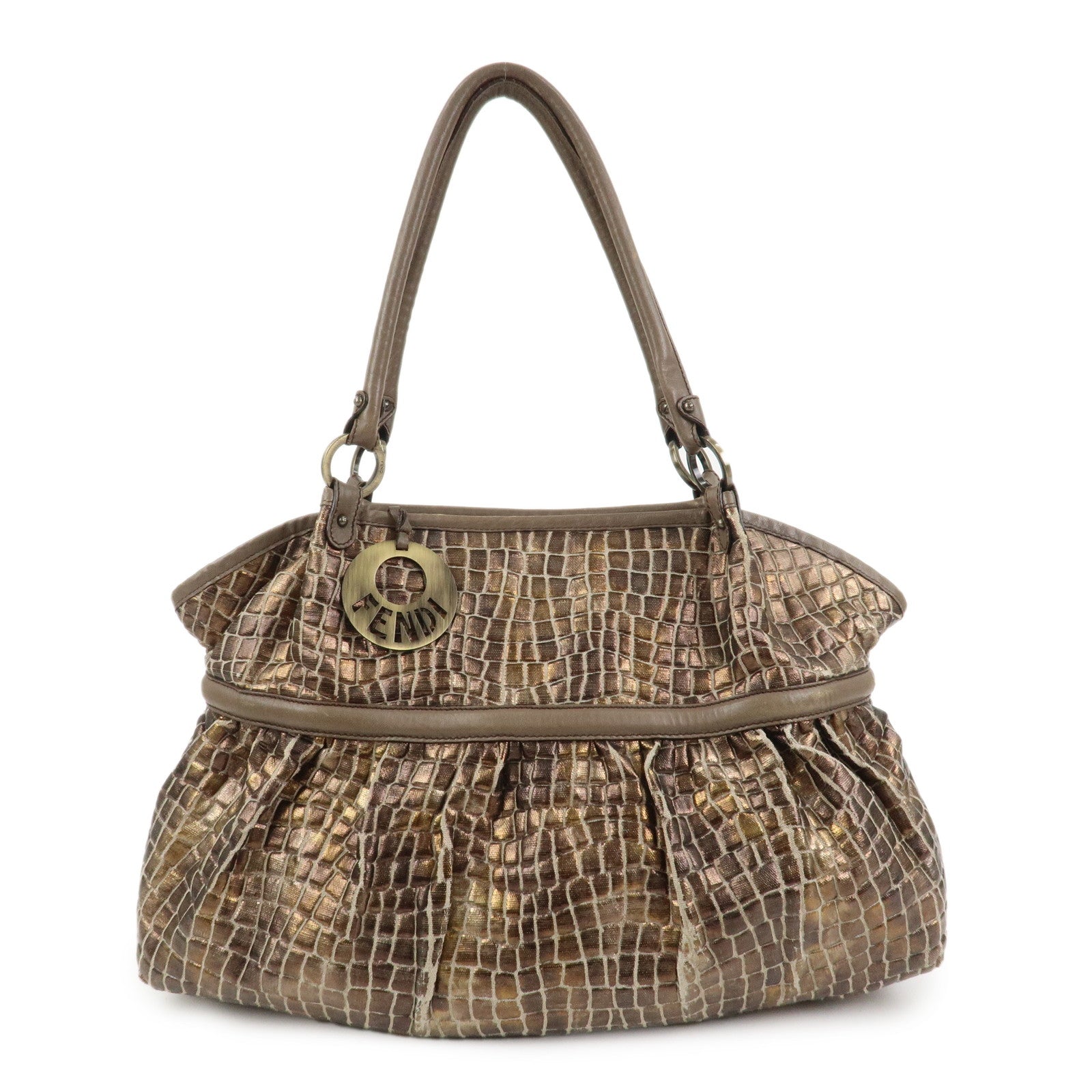 FENDI Embossed Leather Gathered Shoulder Bag Tote Bag Brown 8BH186