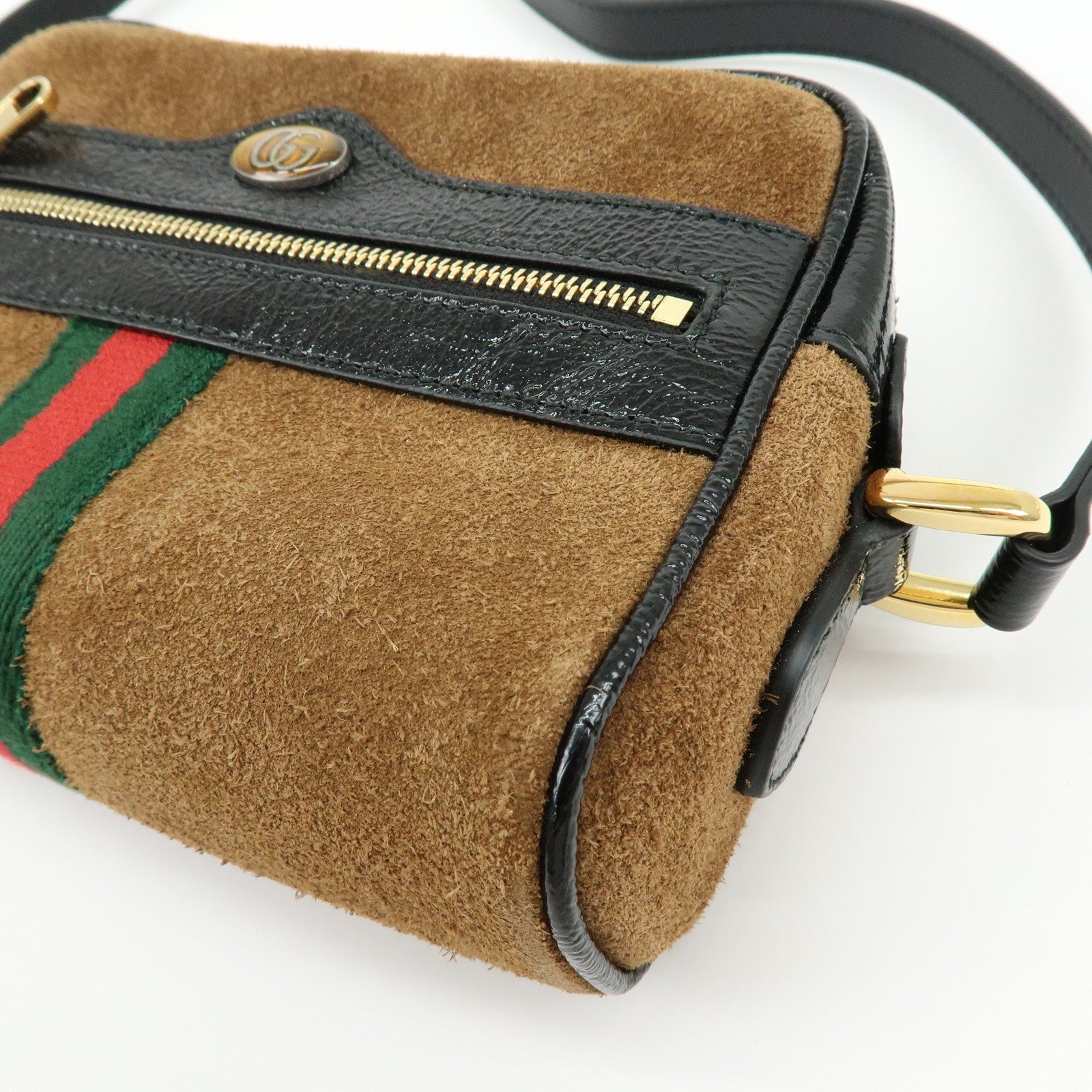 GUCCI Ophidia Sherry Suede Patent Leather Shoulder Bag Brown 573321