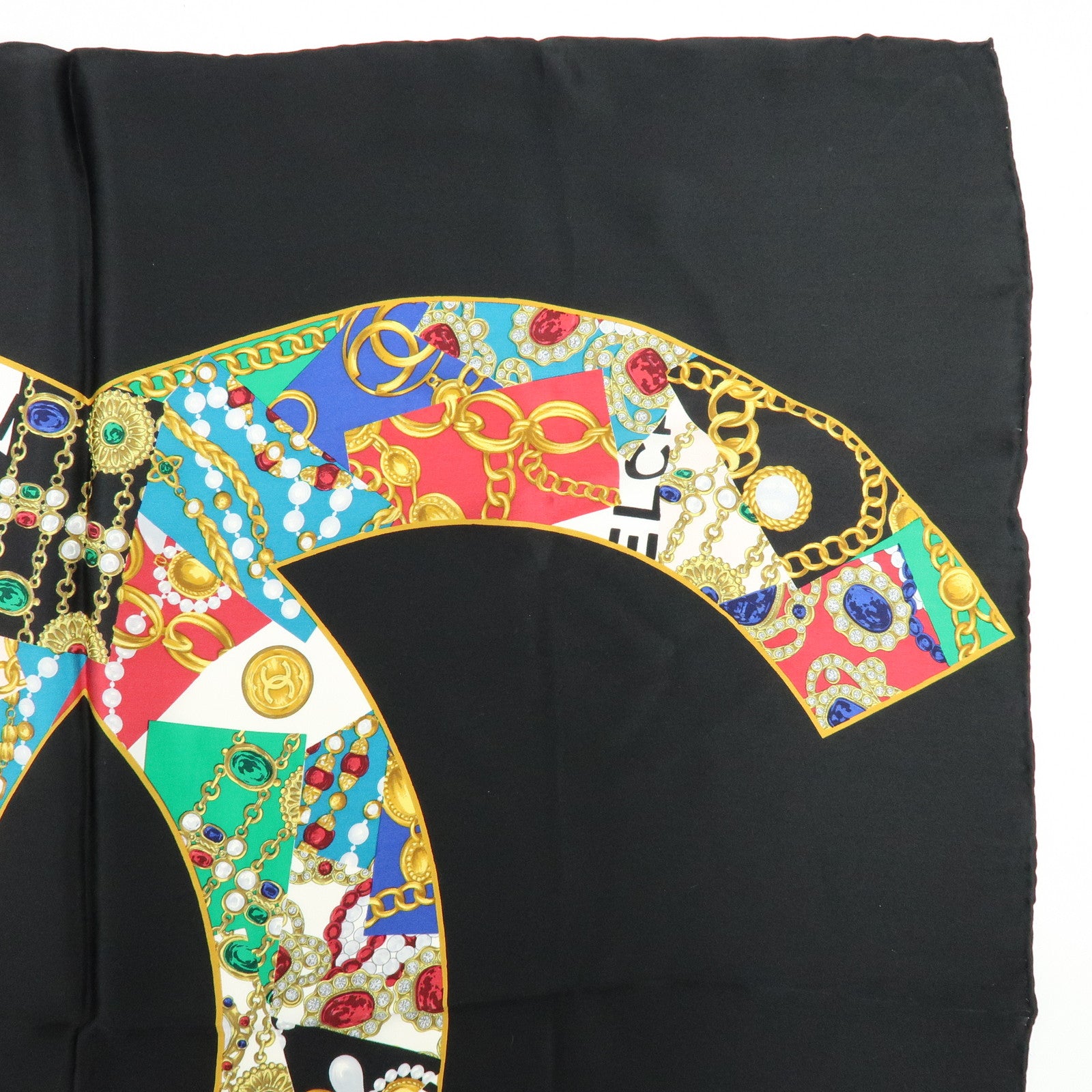 CHANEL COCO Mark Jewelry Motif Silk 100% Scarf Black Multicolor