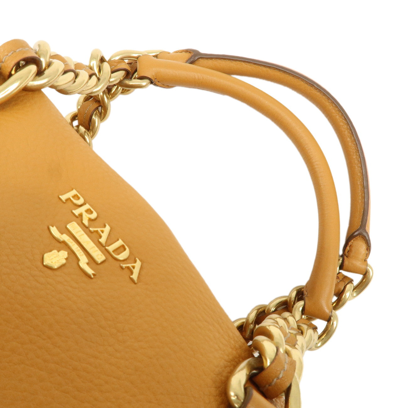 PRADA Logo Leather Chain Shoulder Bag Boston Bag Hand Bag Camel BL0692 Used