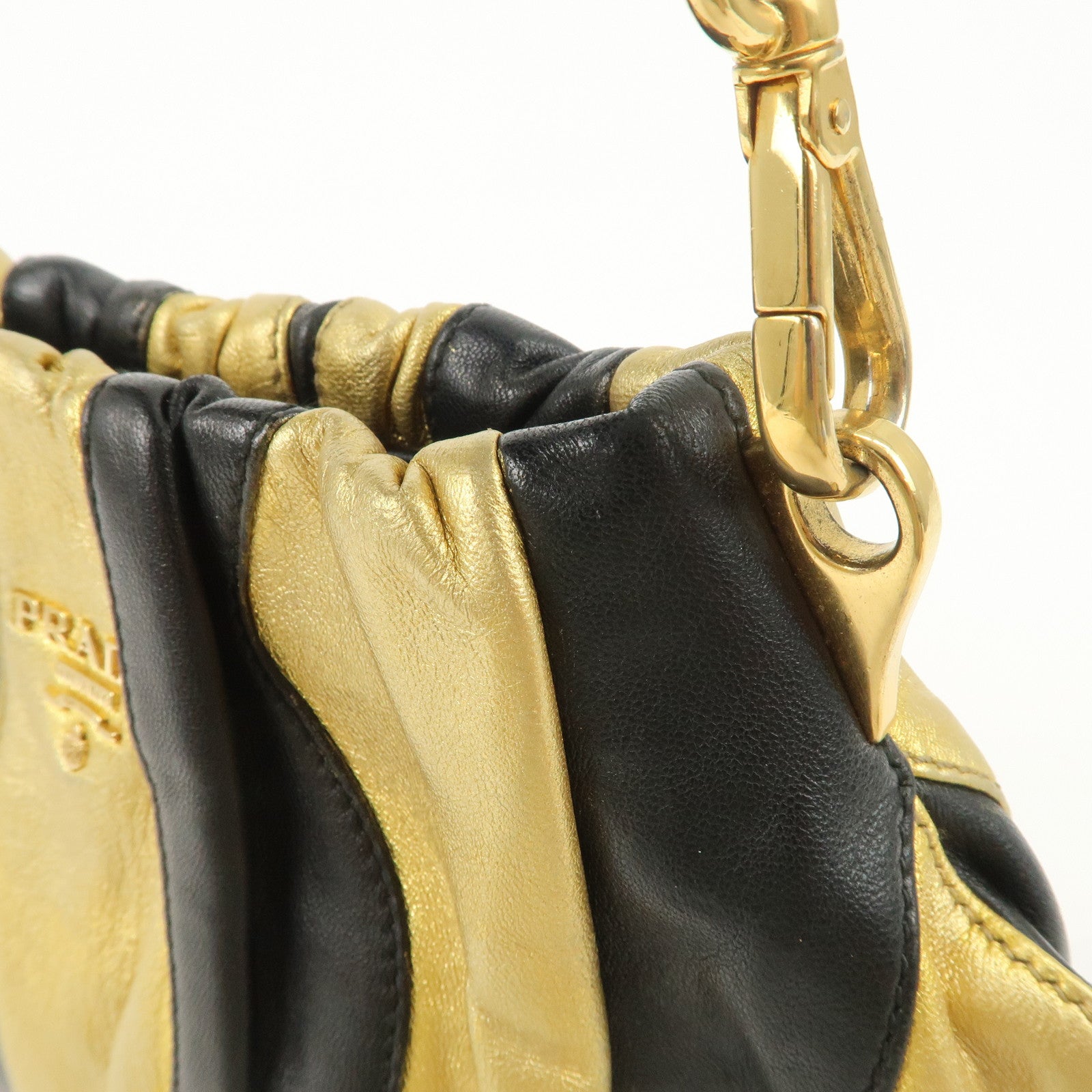 PRADA Leather Hand Bag Black Gold Hardware