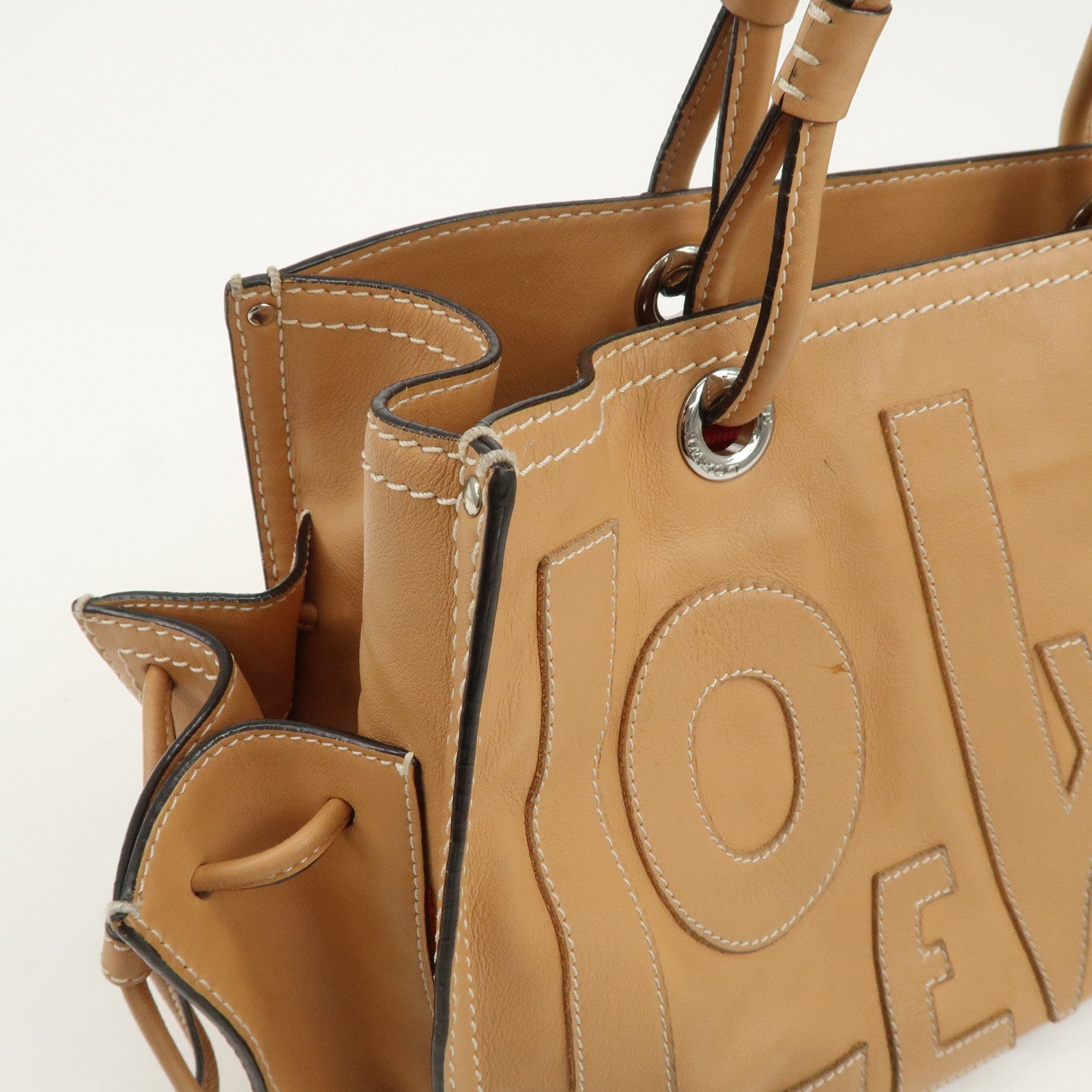 LOEWE Anagram Logo Leather Shopper Tote Bag Shouder Bag Light Brown