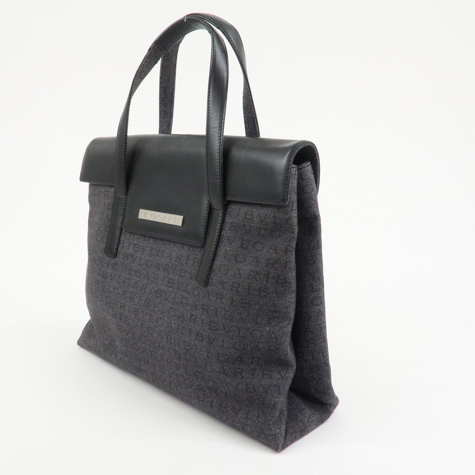 BVLGARI Logo Mania Canvas Leather Tote Bag Hand Bag Black