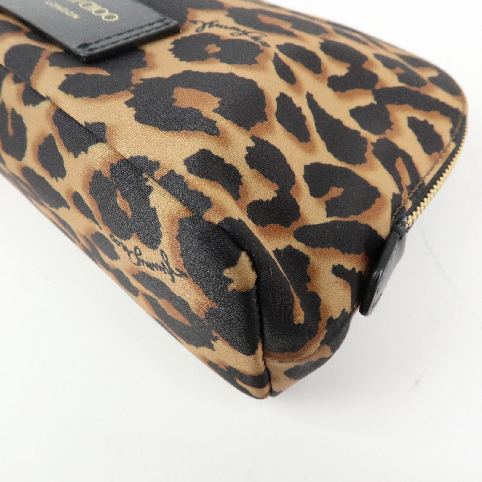 JIMMY CHOO Nylon Leather Leopard Clutch Pouch Makeup Bag Brown