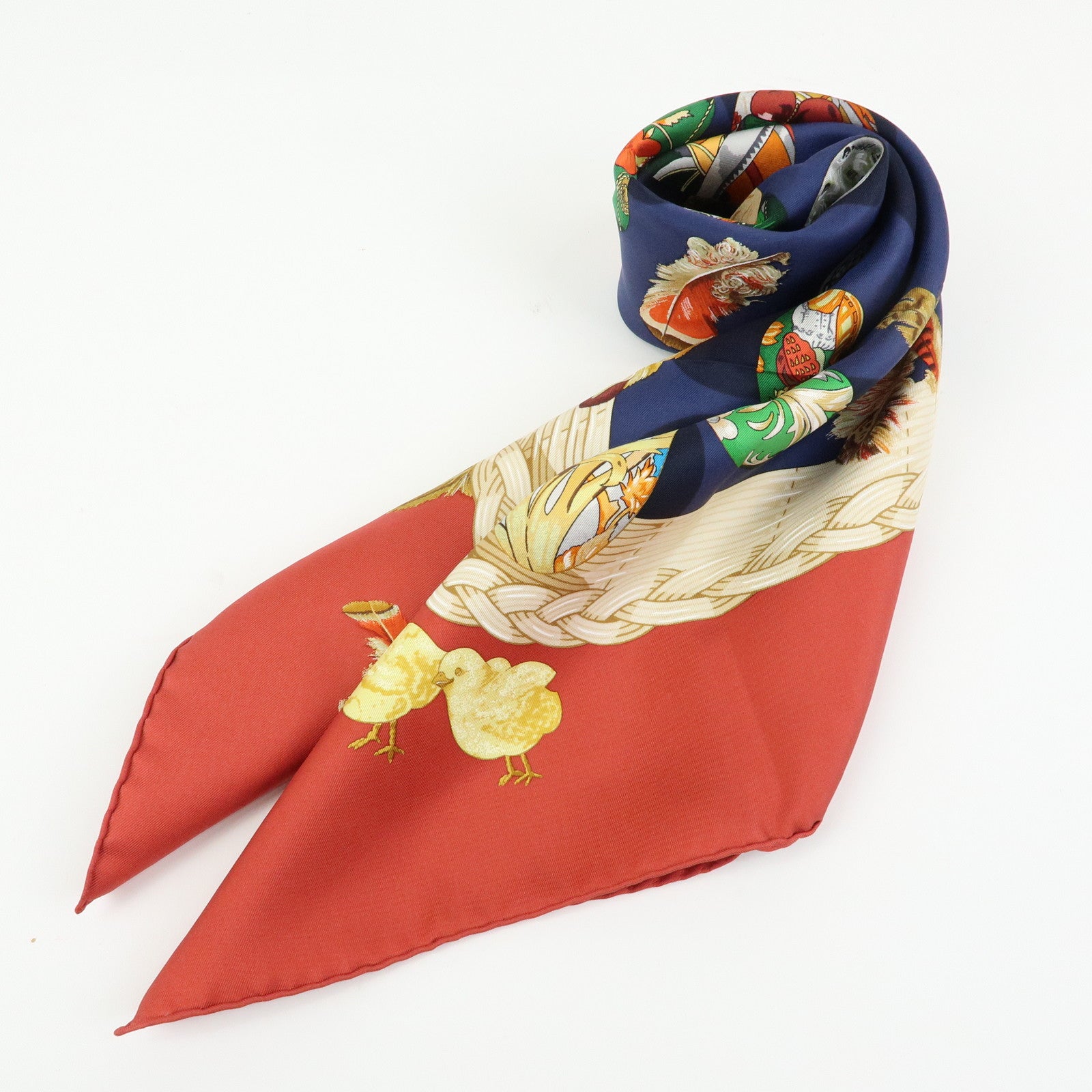 HERMES Carre 90 Silk 100% Scarf COUVEE D HERMES Egg Print Navy Red