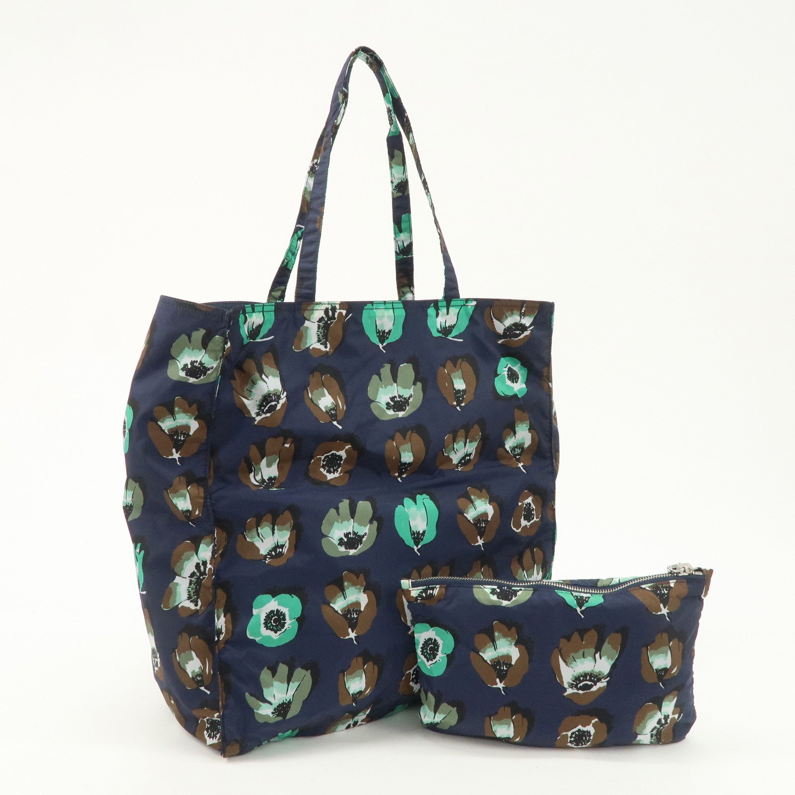 PRADA Triangle Logo Nylon Tote Bag w/Pouch Flower Print Navy B4626B Used