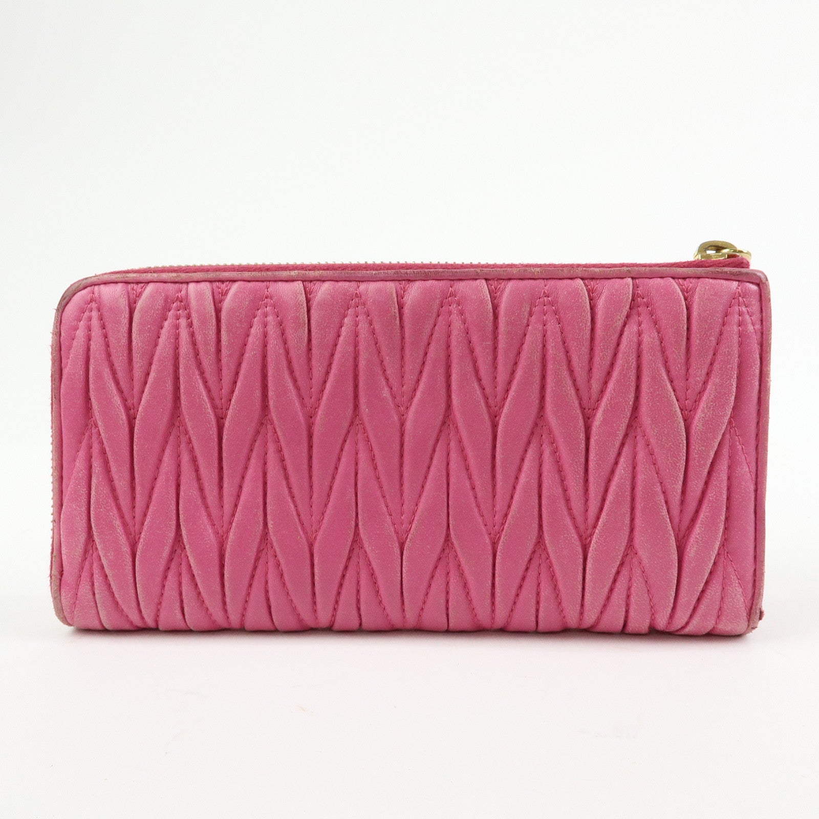 MIU MIU Logo Matelasse Nappa Leather Zippy Long Wallet Pink
