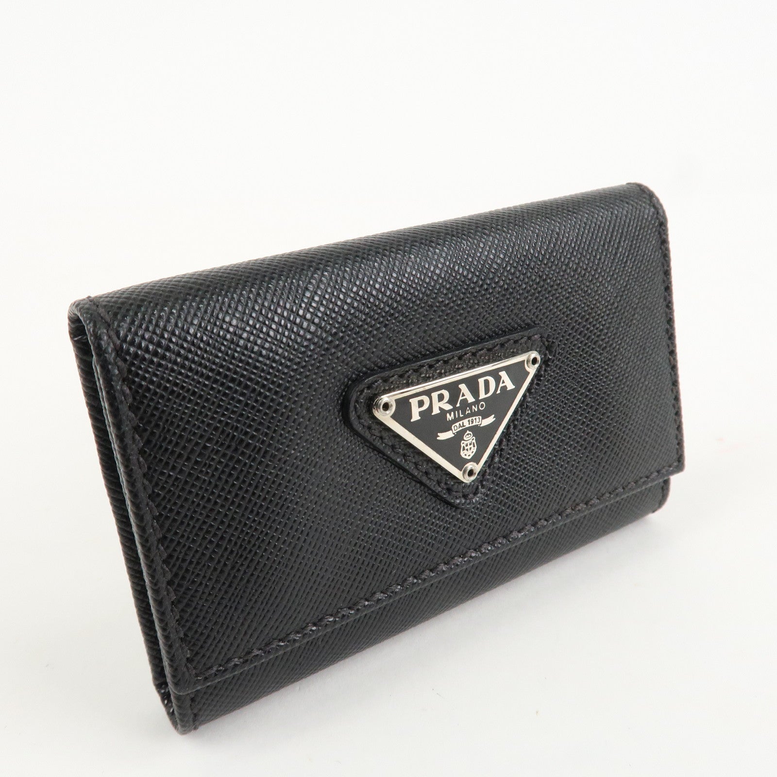 PRADA Triangle Logo Saffiano Leather Key Case Black 1M0222 Used