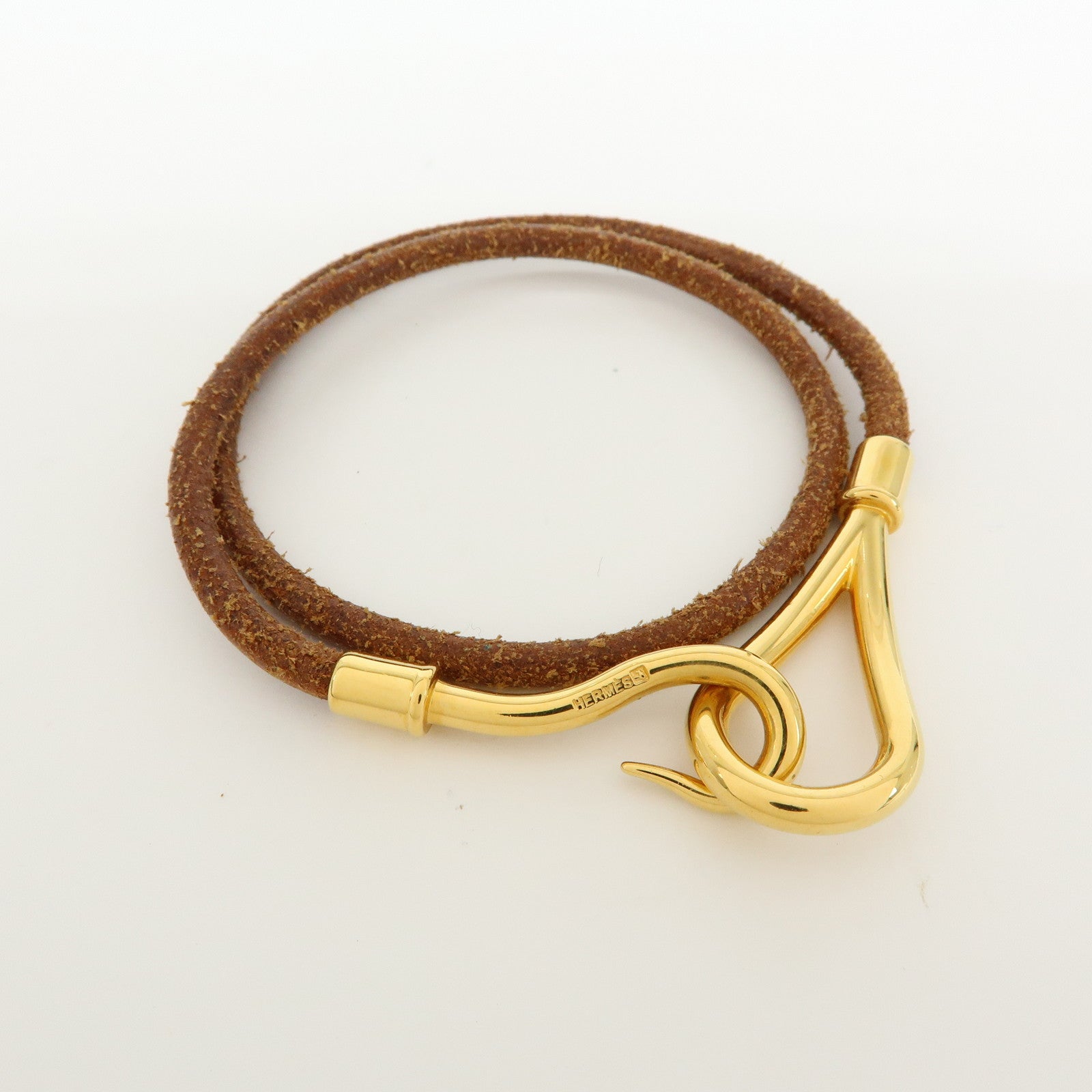 HERMES Jumbo Hook Double Tour Leather Choker Bracelet Brown Gold