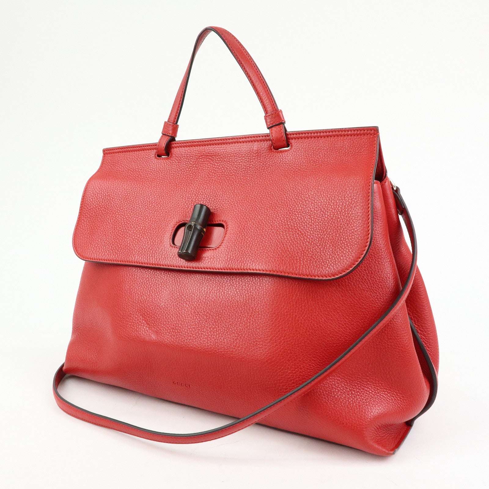 GUCCI Bamboo Leather 2Way Bag Hand Bag Shoulder Bag Red 370830