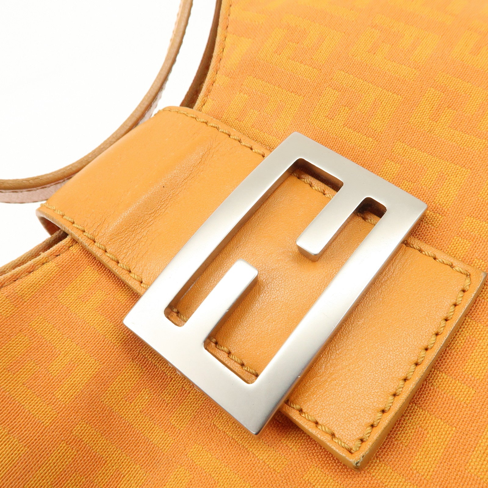 FENDI Zucchino Canvas Leather Shoulder Bag Hand Bag Orange 8BR036 Used