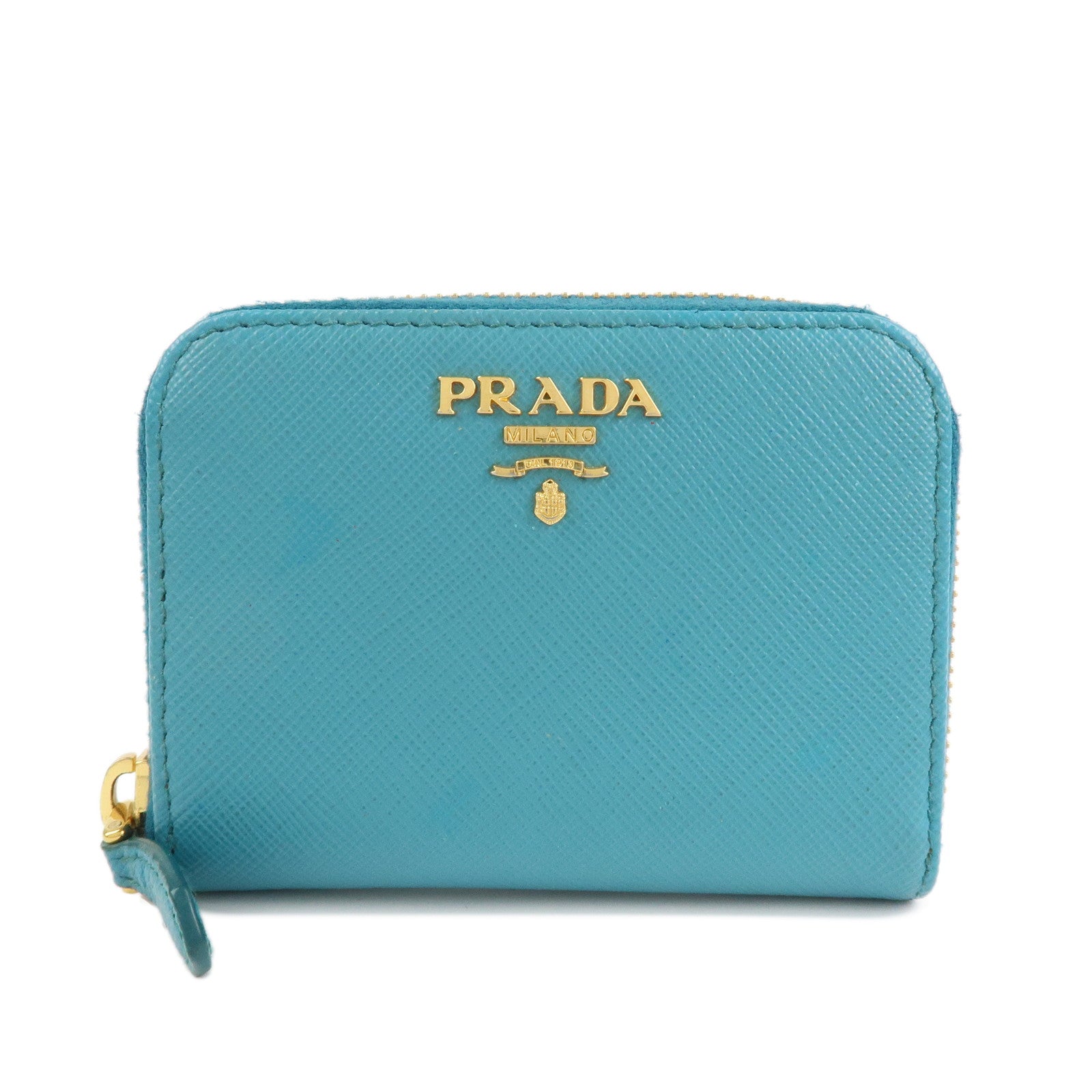 PRADA Logo Saffiano Leather Round Zippy Small Wallet Blue 1MM268 Used