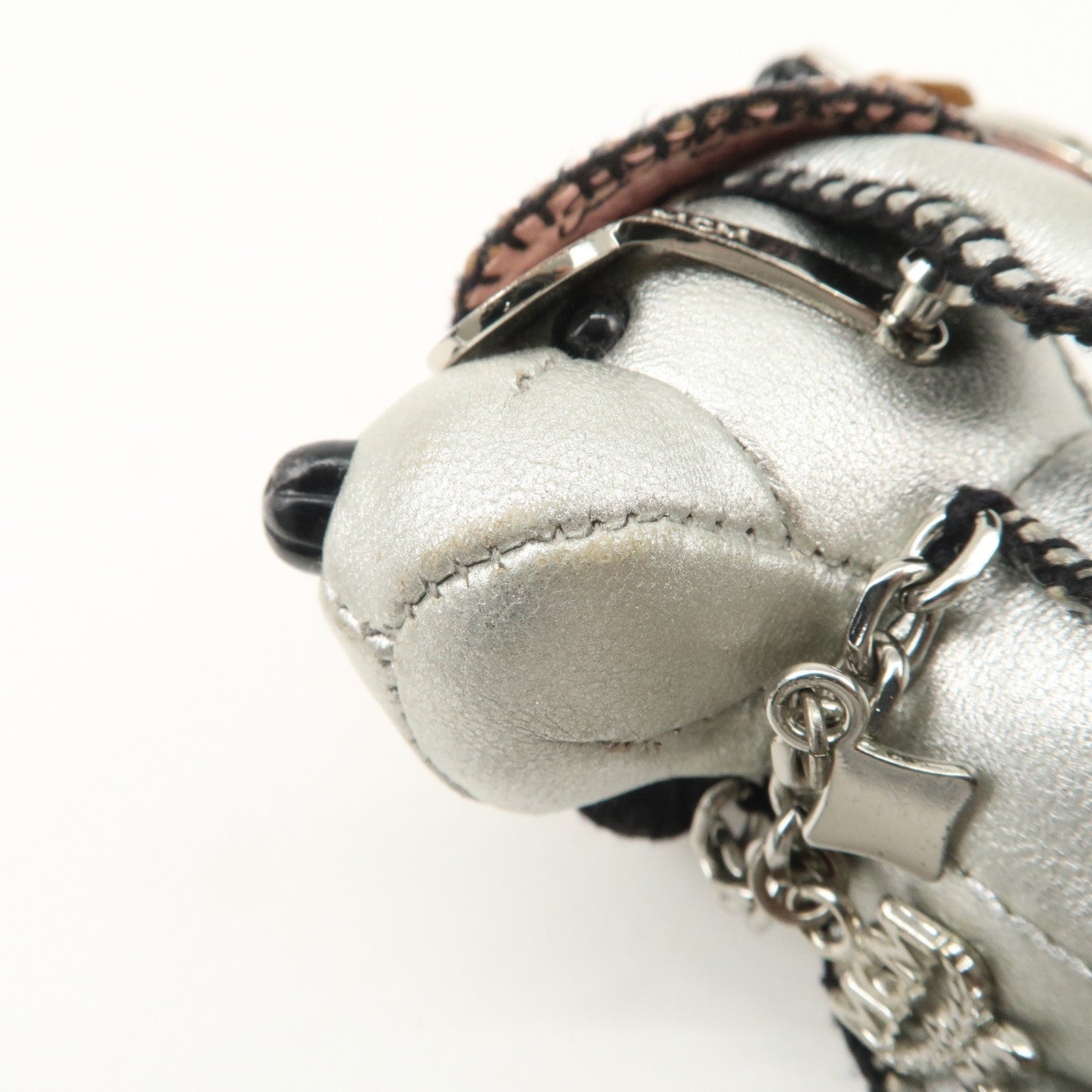 MCM Dog Motif Leather Bag Charm Key Chain Silver Pink