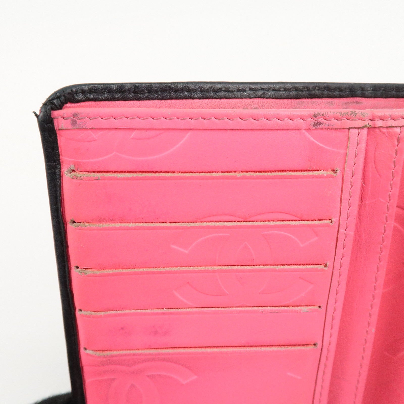CHANEL Cambon Line COCO Mark Bifold Wallet Black Pink A50080 Used