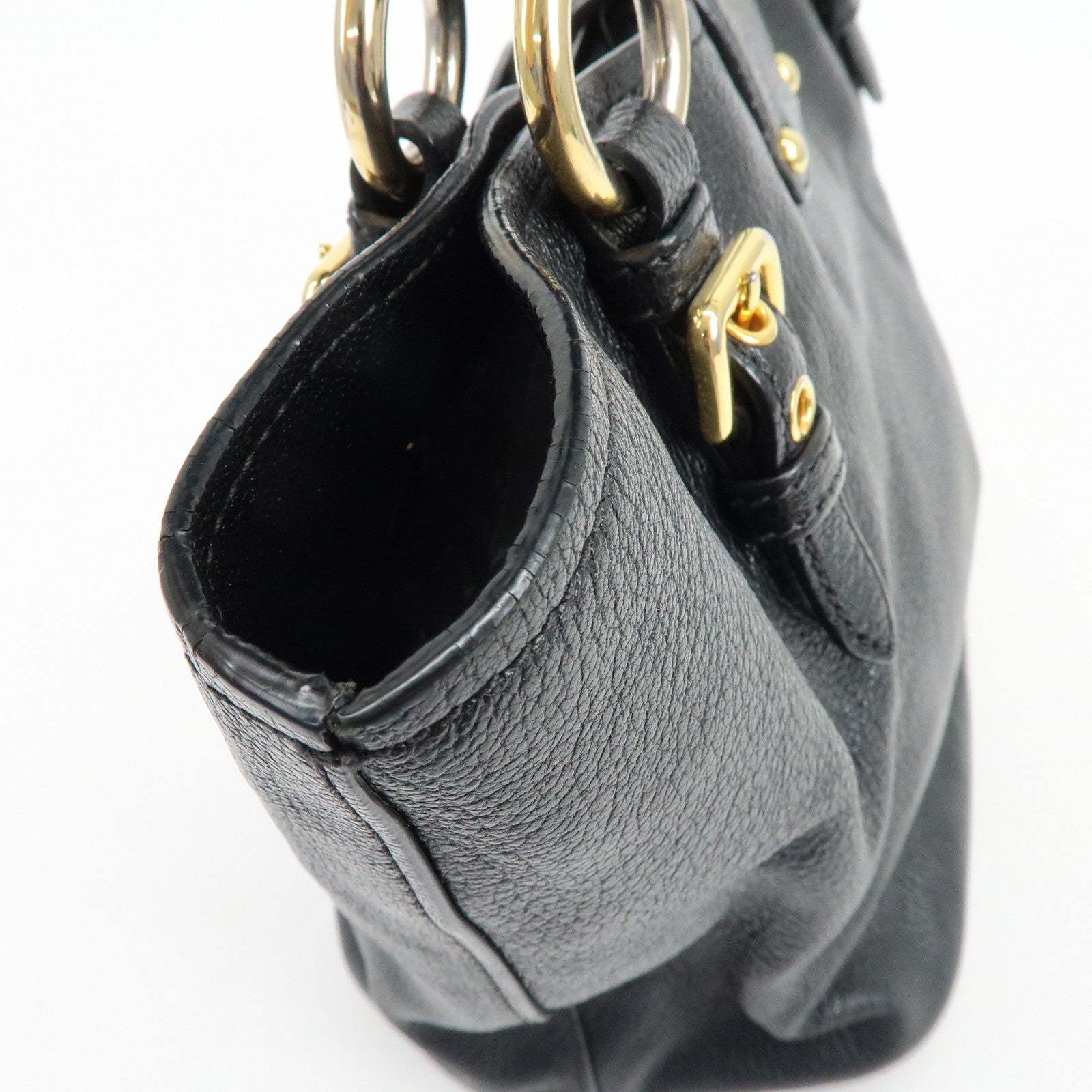 MIU MIU Logo Madras Leather Hand Bag Tote Bag Black