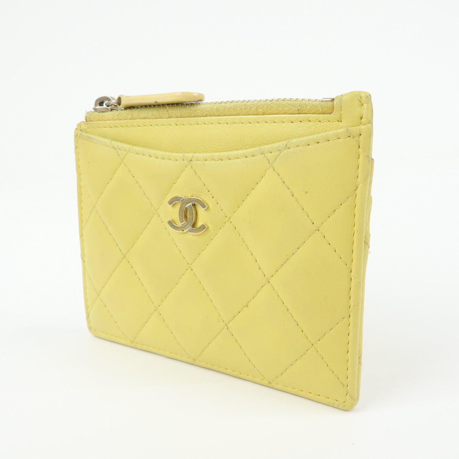 CHANEL Matelasse COCO Mark Lamb Skin Card Case Card Holder Yellow
