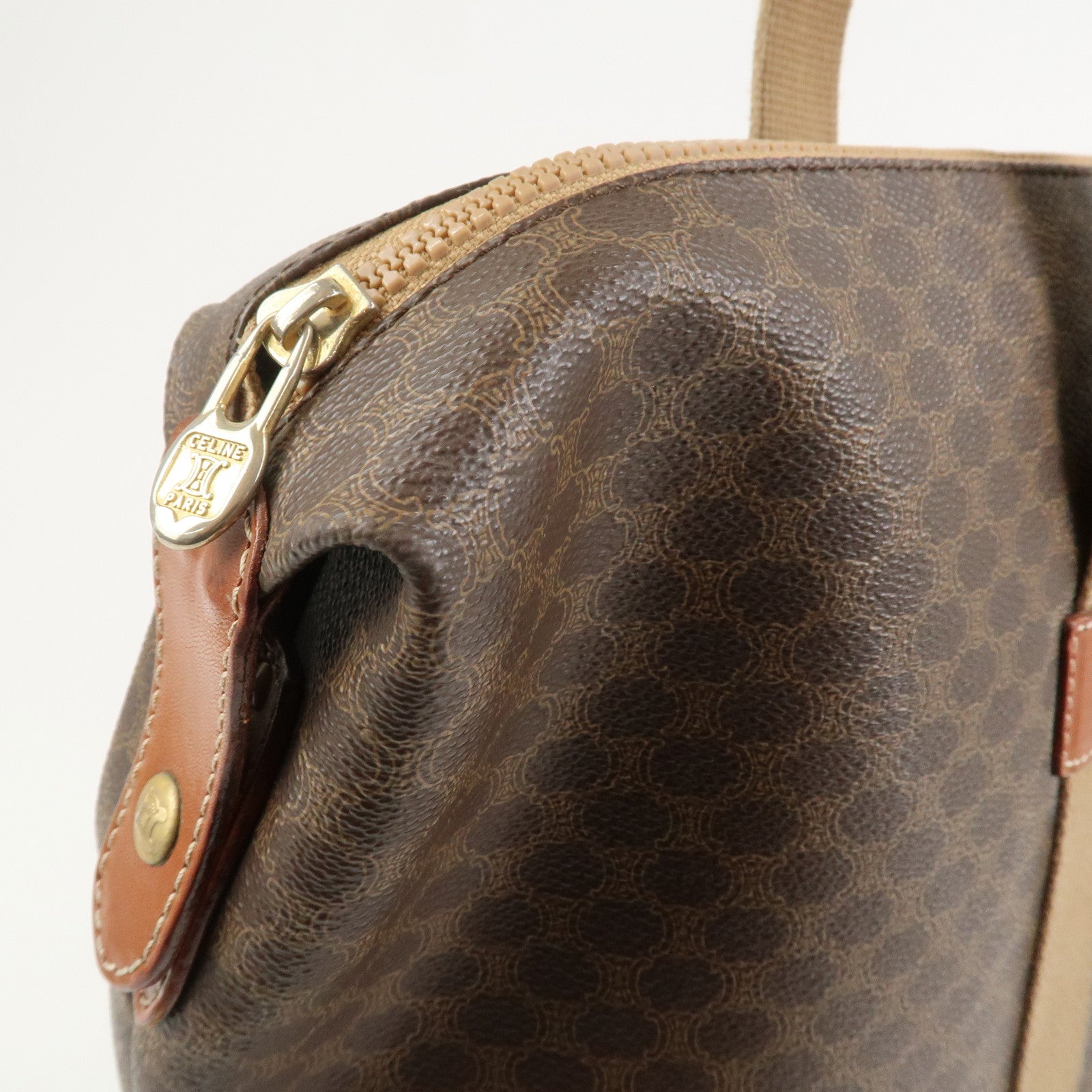 CELINE Macadam PVC Canvas Leather Boston Bag Hand Bag Brown