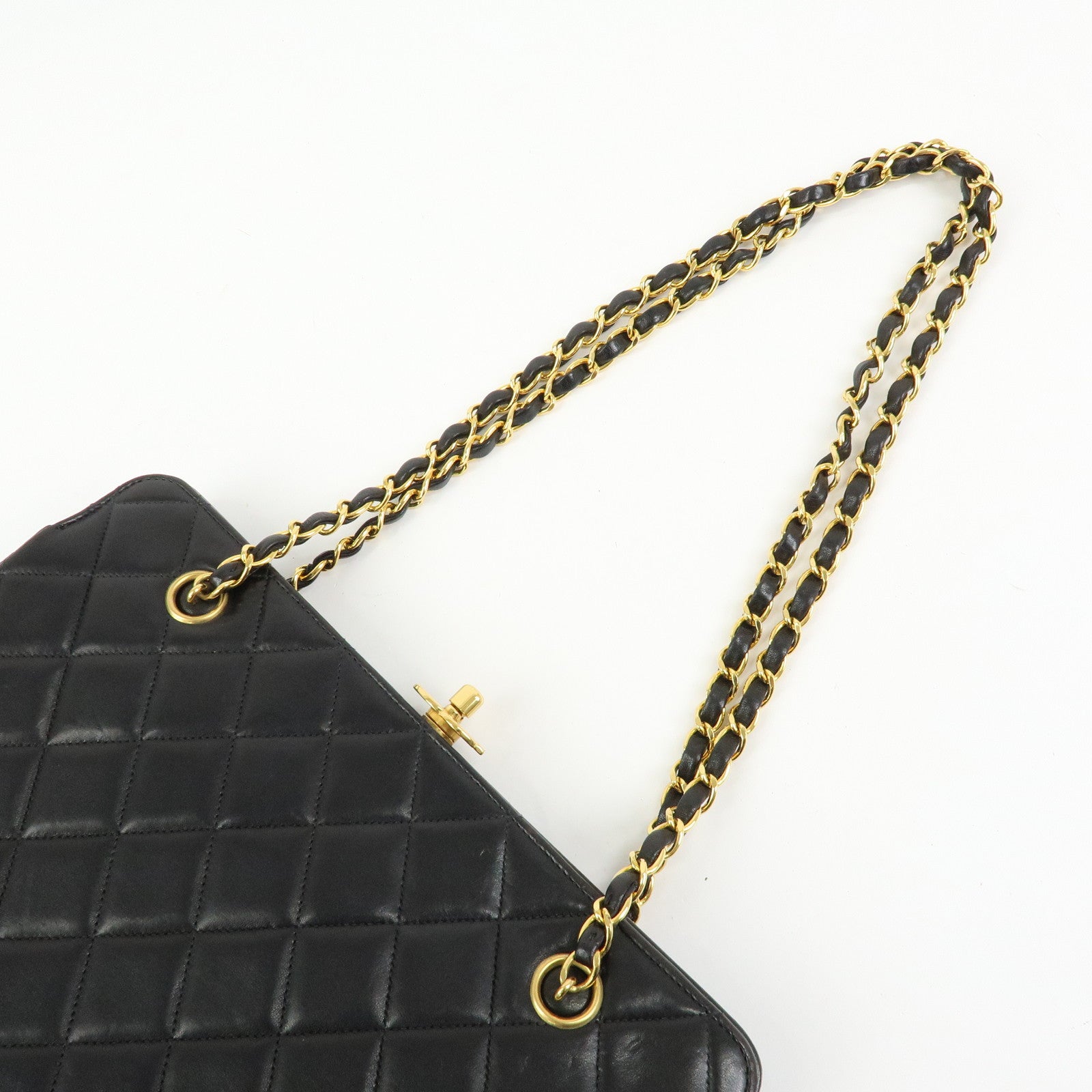 CHANEL Matelasse Lamb Skin Chain Kiss Lock Shoulder Bag Black Gold