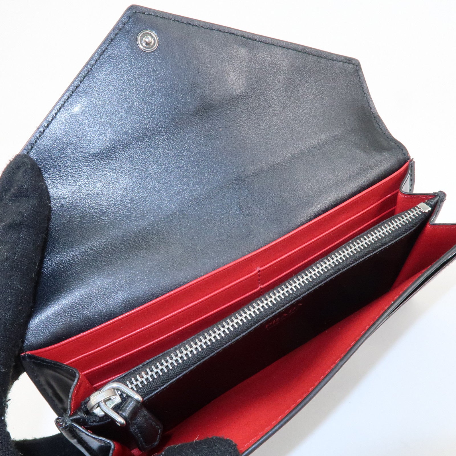 PRADA Leather Bi-Fold Long Wallet Black Silver Hardware 1MH037 Used