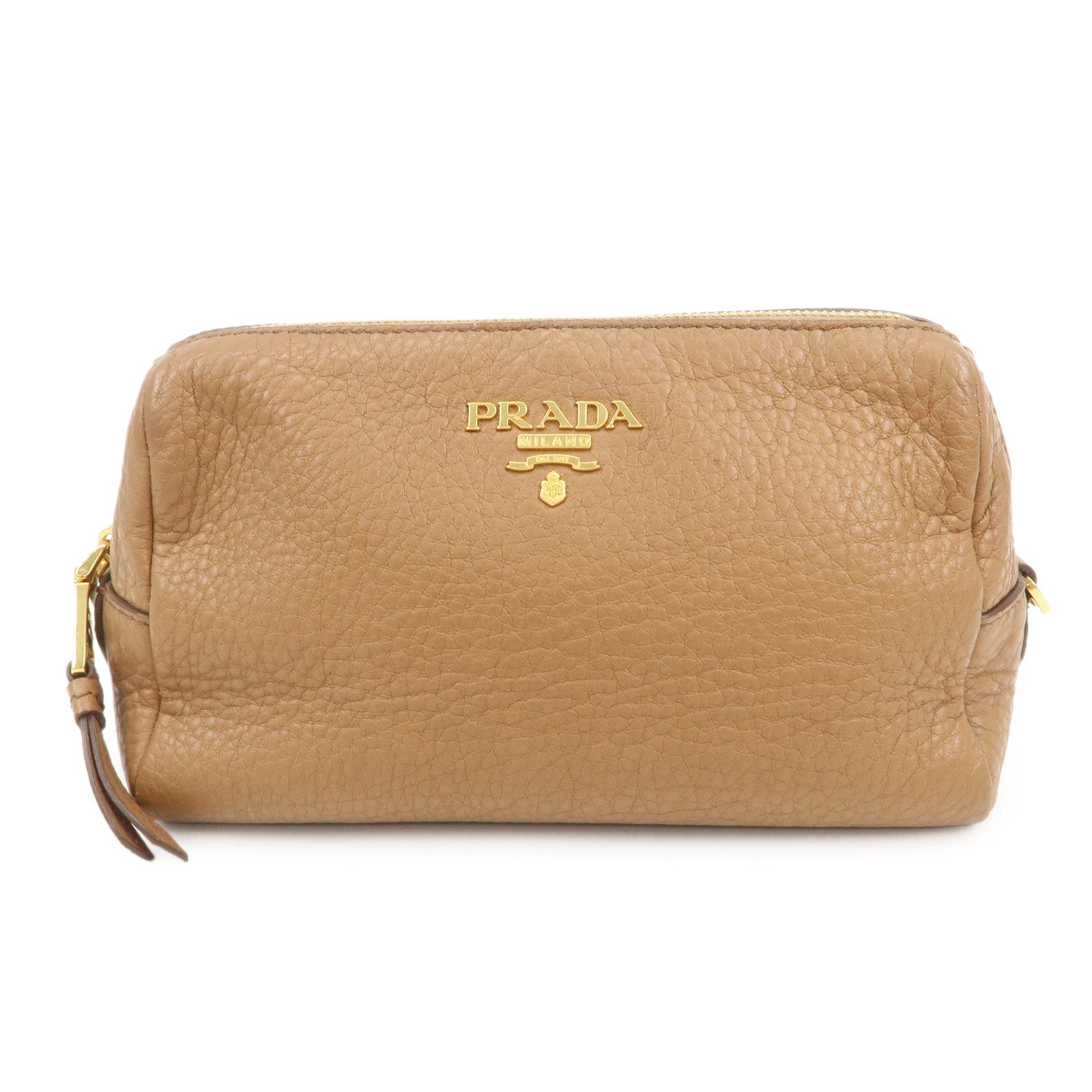 PRADA Logo Leather Pouch Cosmetic Pouch Camel