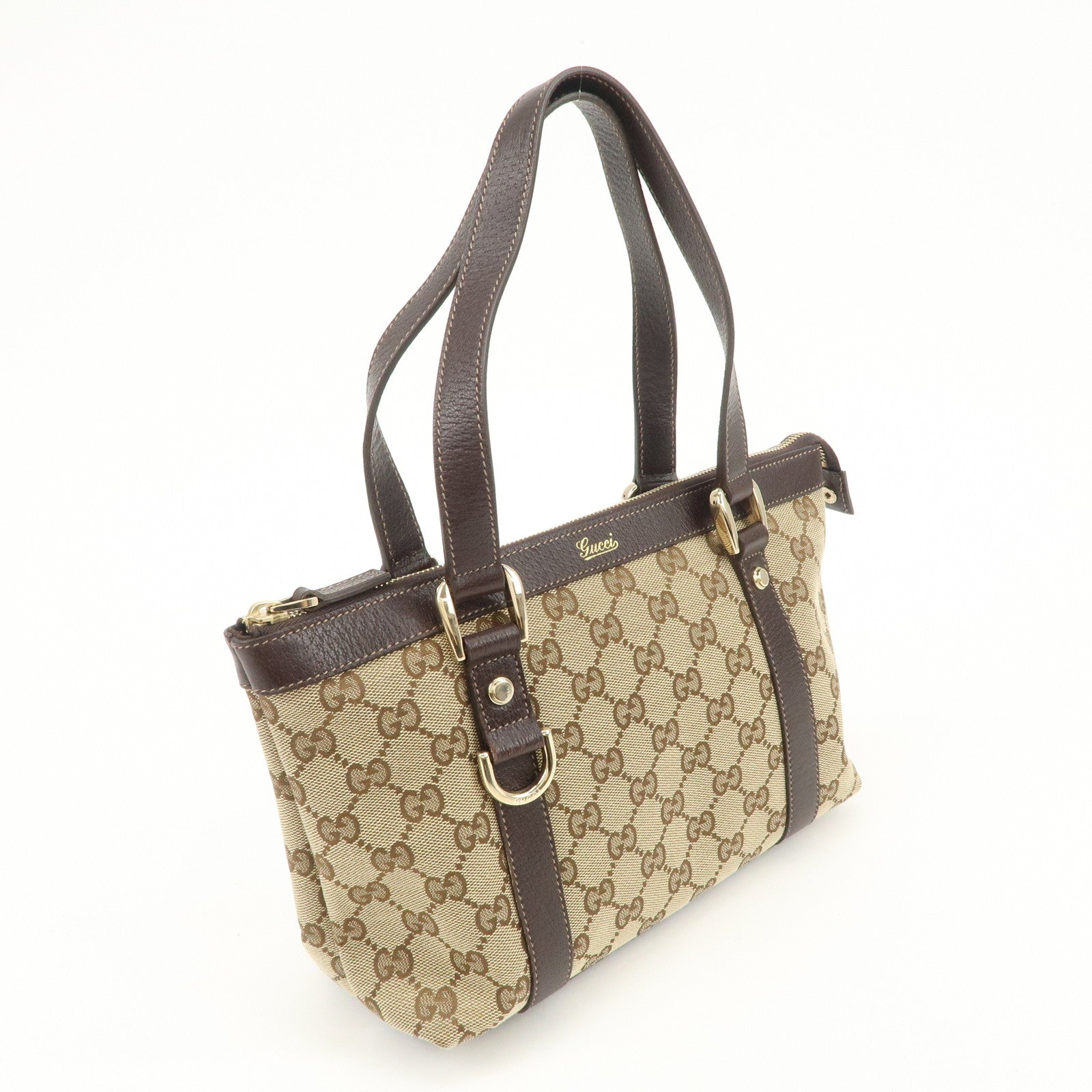 GUCCI Abbey GG Canvas Leather Tote Bag Beige Dark Brown 141471