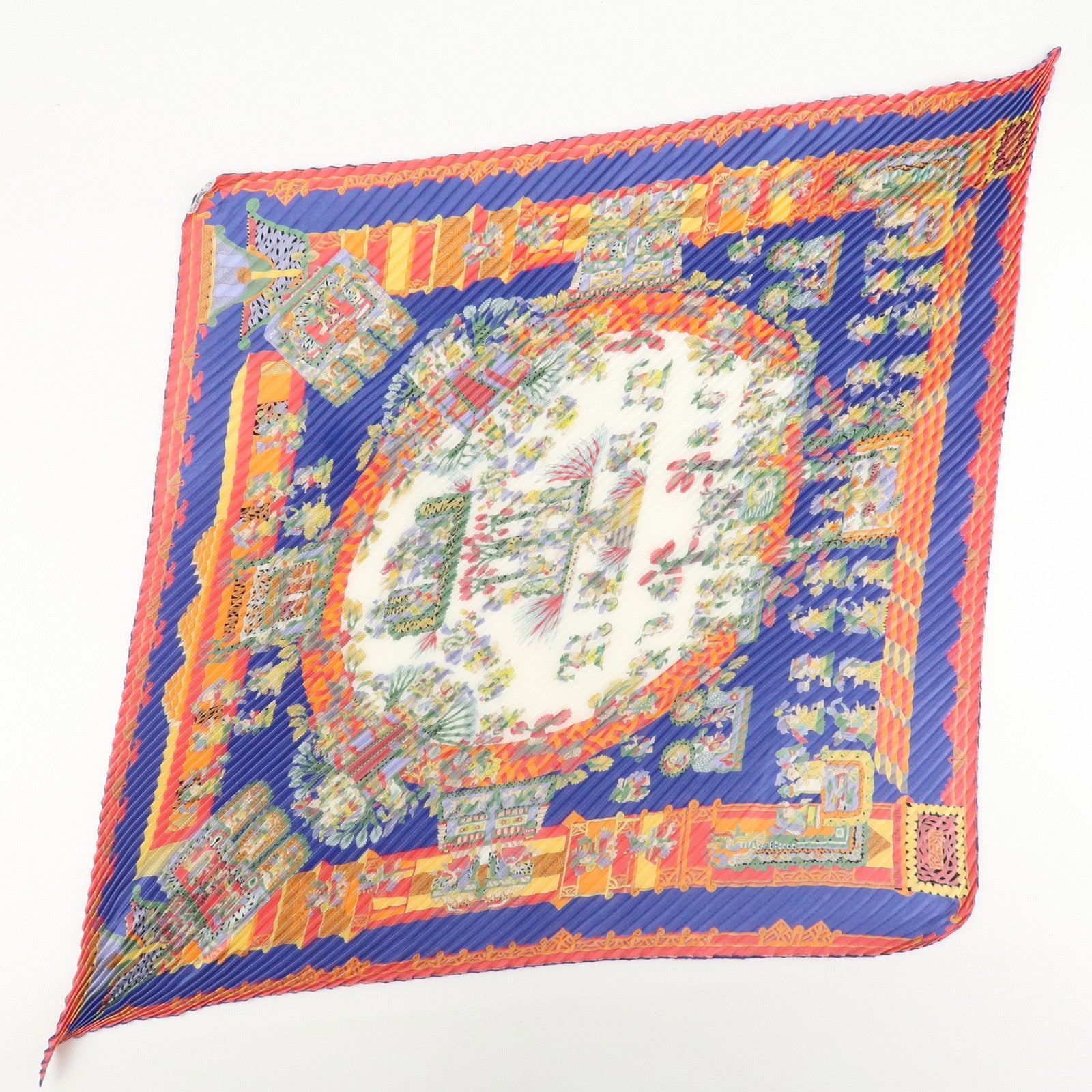 HERMES Pleats Carre Silk 100% Scarf Feria De Sevilla Black Yellow Used