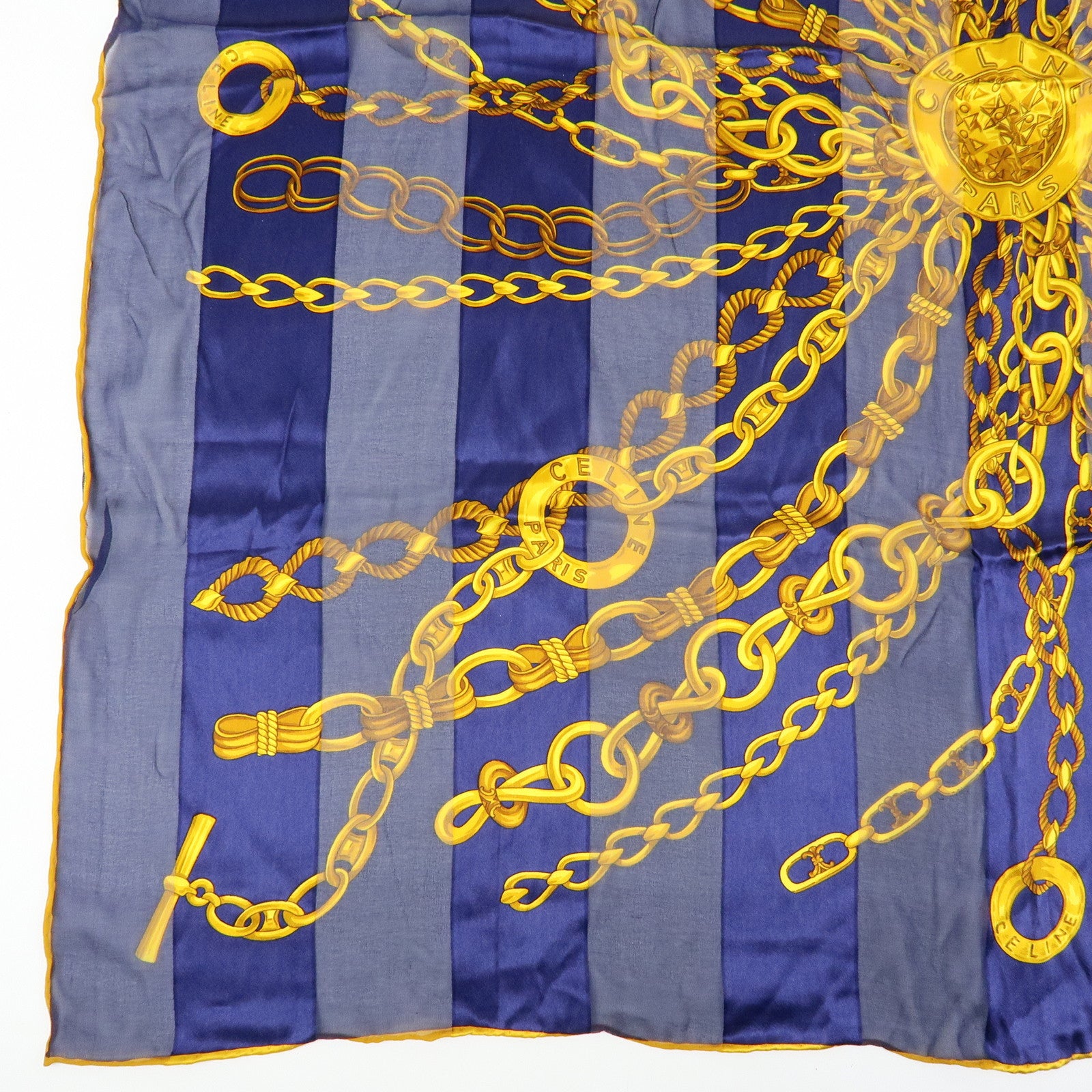 CELINE Silk 100% Chiffon Scarf Gold Chain Motif Navy Gold