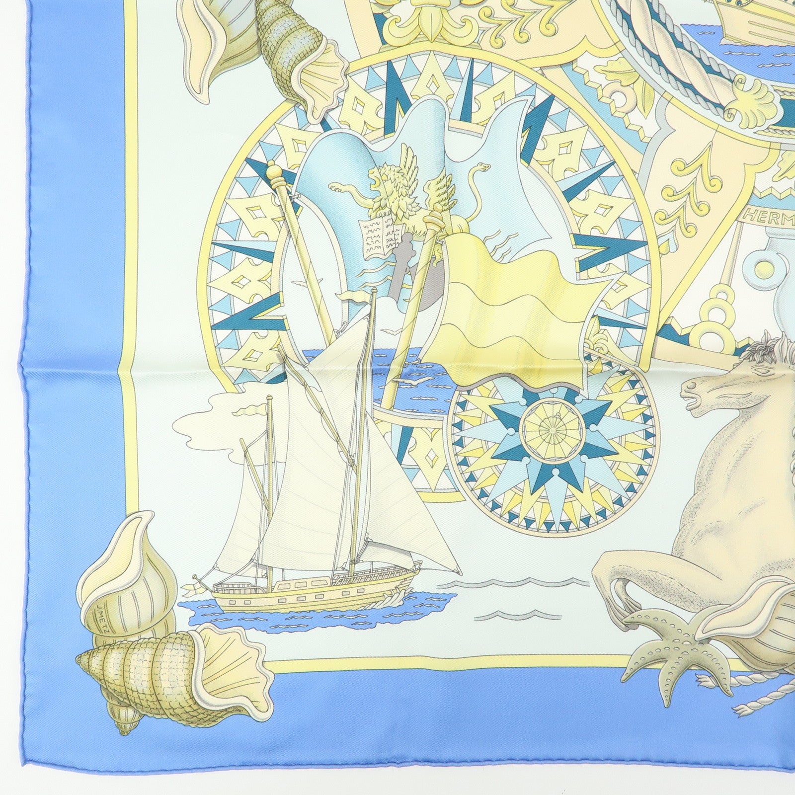 HERMES Carre 90 Silk 100% Scarf L'AIR MARIN Ship Print Blue Ivory