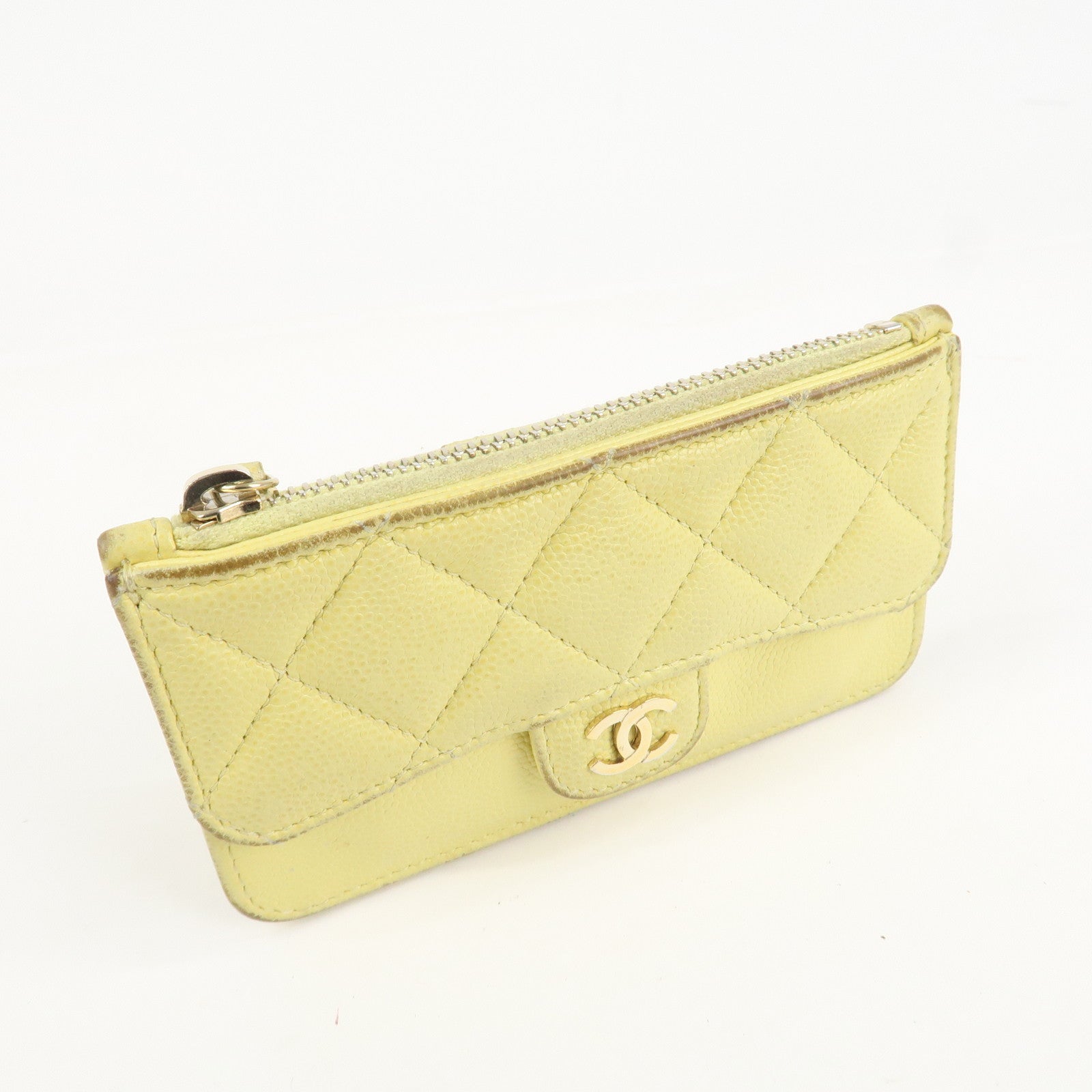 CHANEL Matelasse Caviar Skin Coco Mark Zippy Coin Case Yellow Gold HDW Used