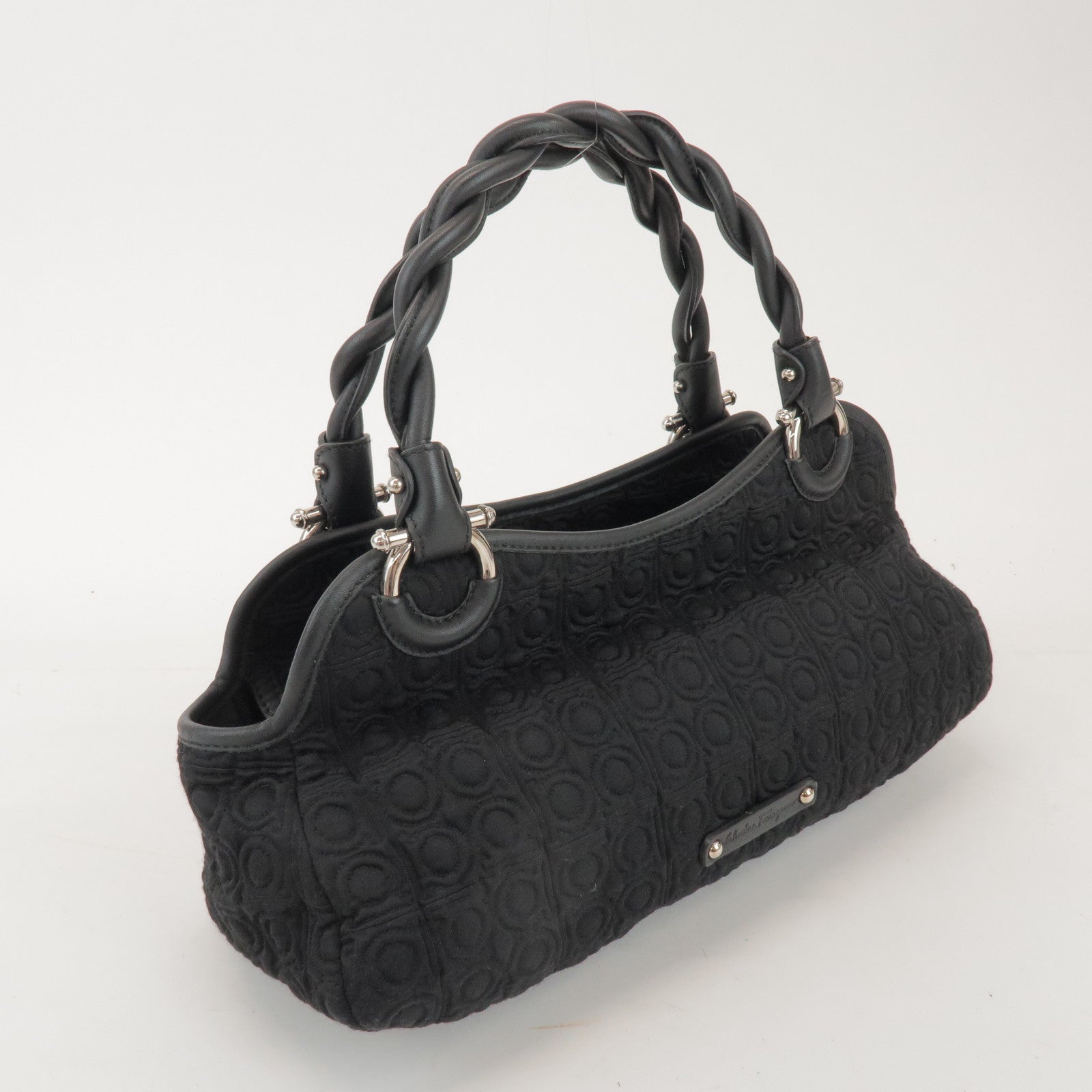 Ferragamo Gancini Canvas Leather Hand Bag Shoulder Bag Black