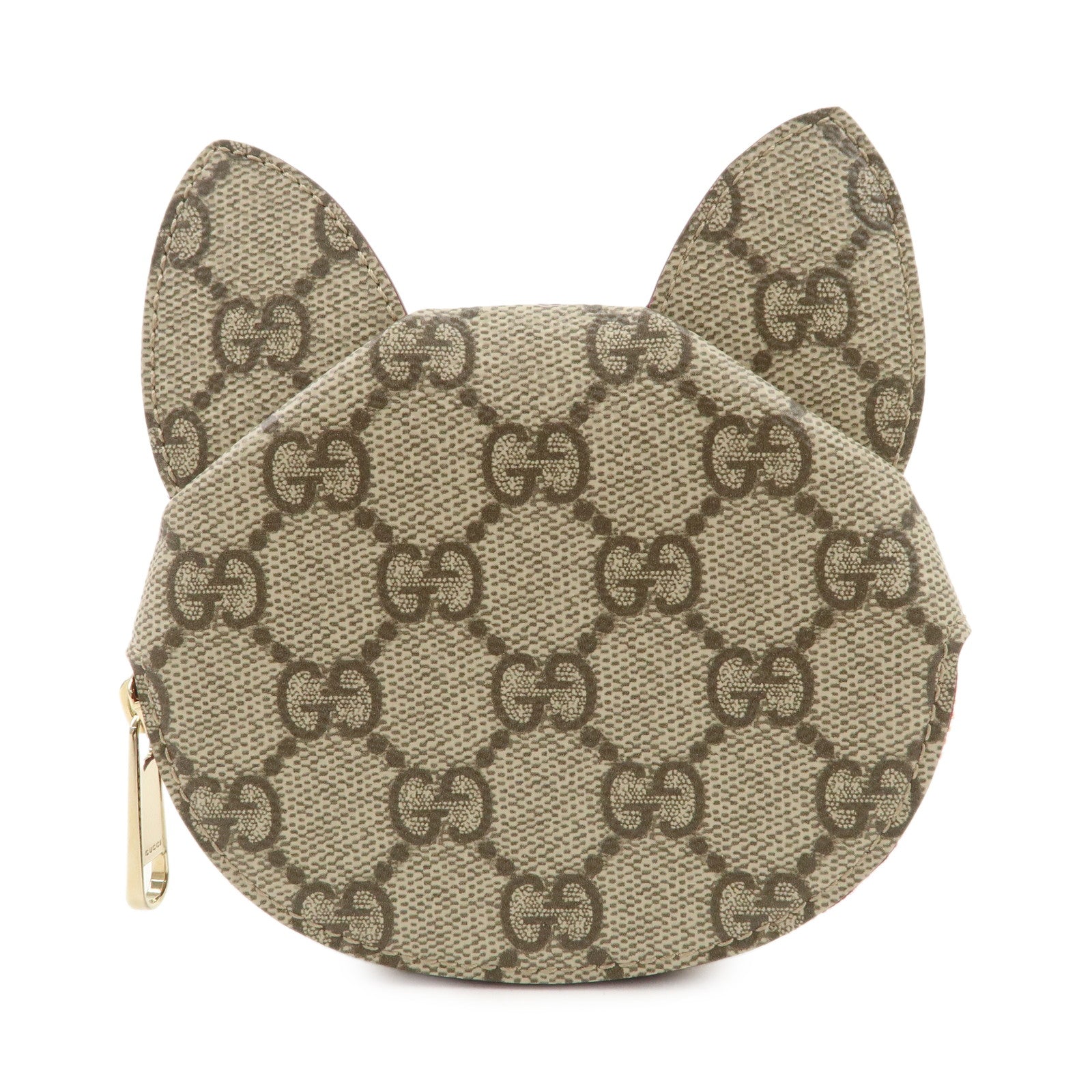 GUCCI GG Supreme Leather Cat Shape Coin Case Beige Bordeaux 818766 Used