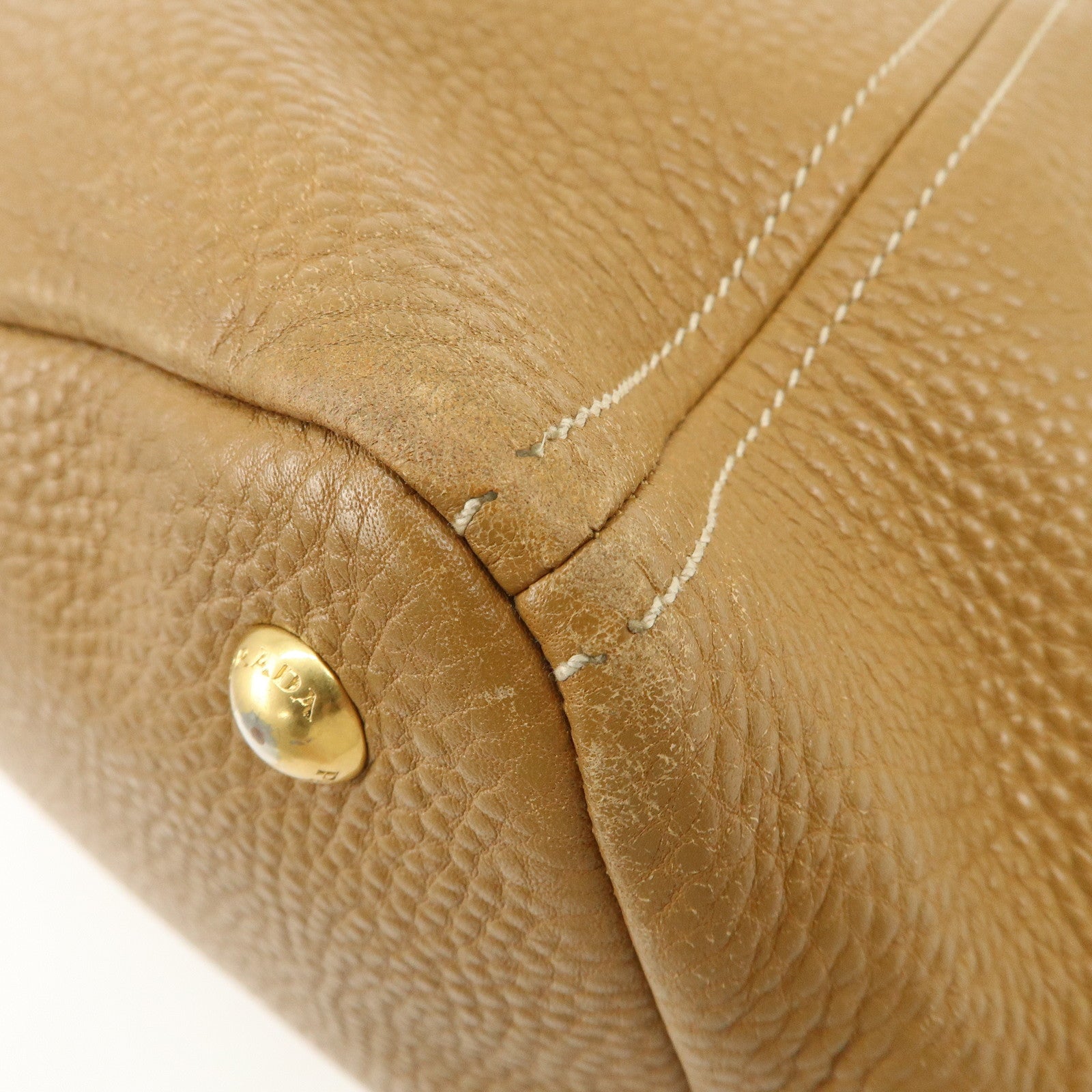 PRADA Leather Tote Bag Hand Bag Shoulder Bag Beige Gold HDW Used