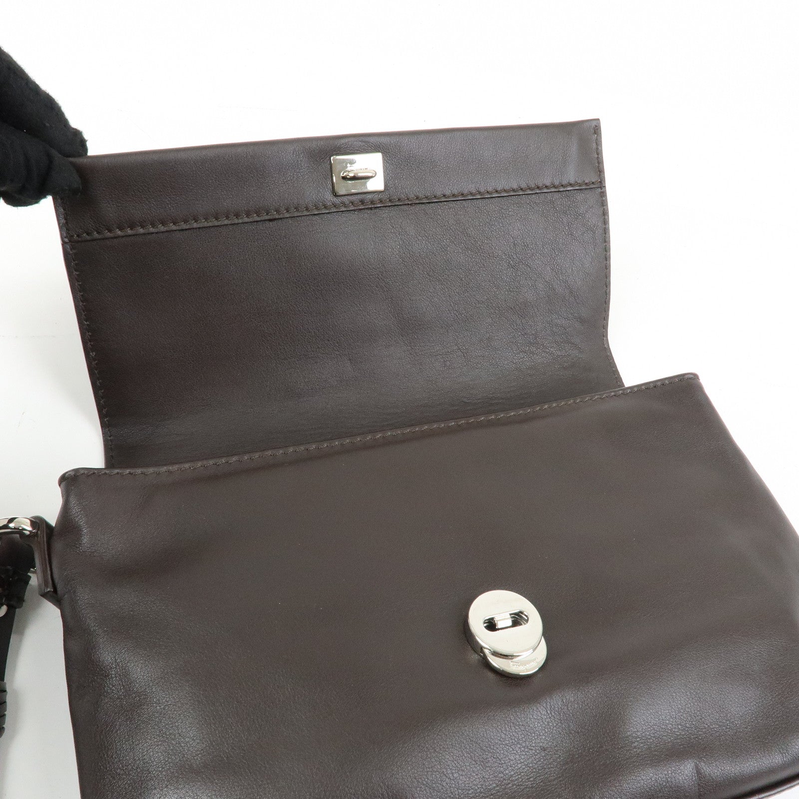 Ferragamo Leather Clutch Bag Second Bag Wrist Strap Brown