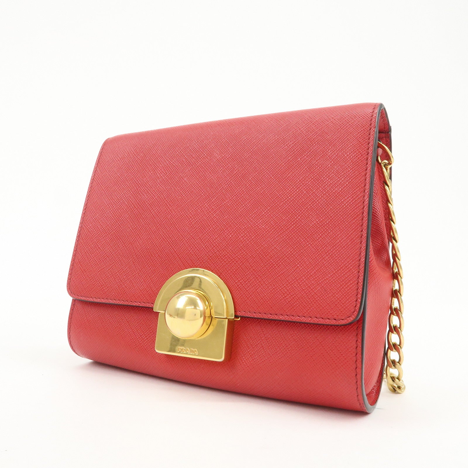 PRADA Logo Saffiano Leather Chain Shoulder Bag Red 1BH007