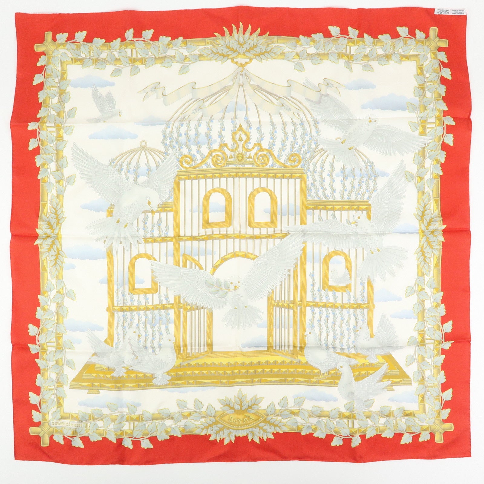 HERMES Carre 90 Silk 100% Scarf ENVOL Bird Print Red White