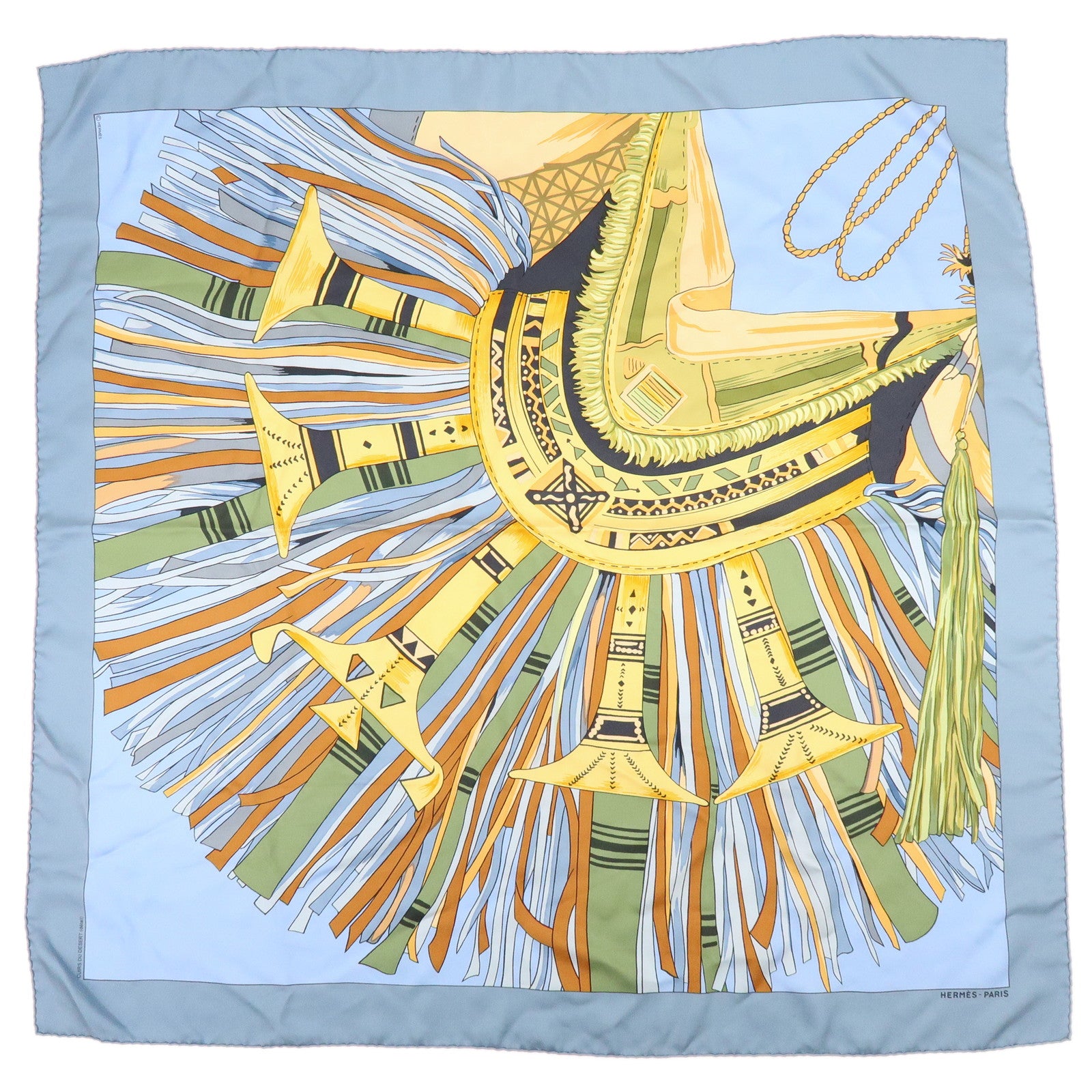 HERMES Carre 90 Silk 100% CUIRS DU DESERT Scarf Light Blue