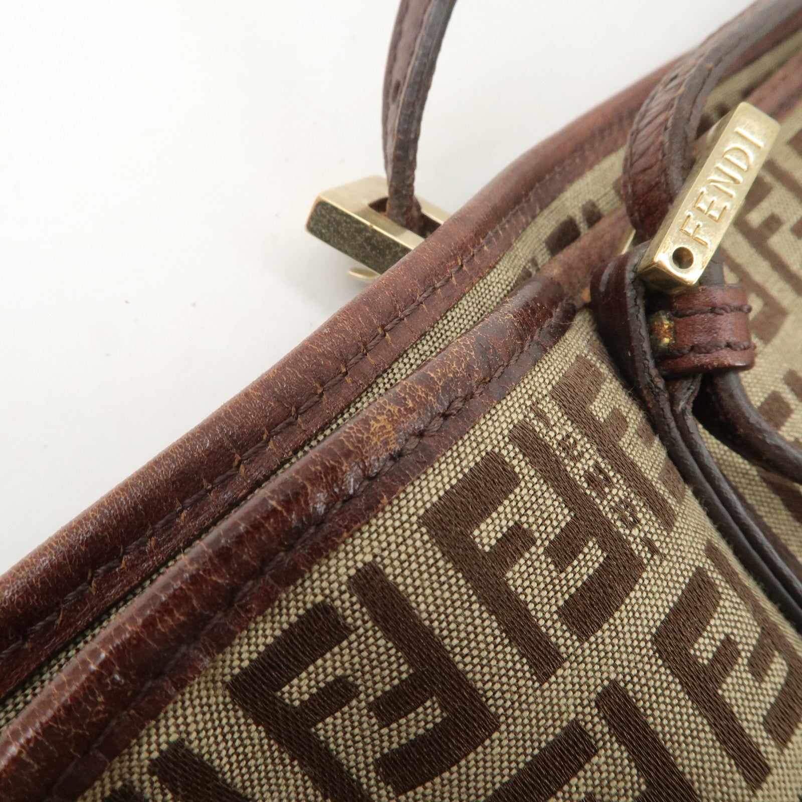 FENDI Zucchino Canvas Leather Tote Shoulder Bag Beige Brown 8BH127