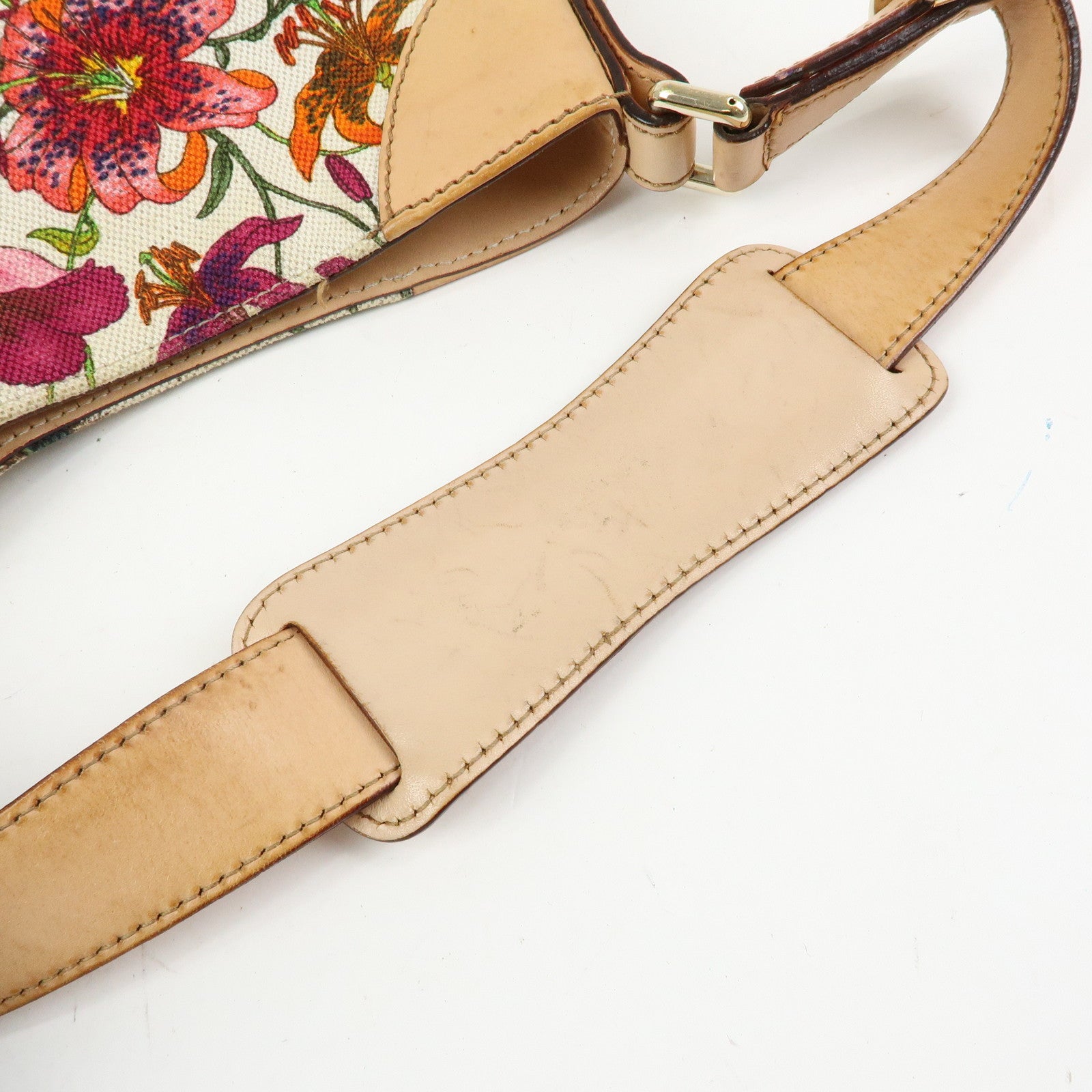 GUCCI Horsebit Flora Leather Canvas Shoulder Bag Beige White 137388
