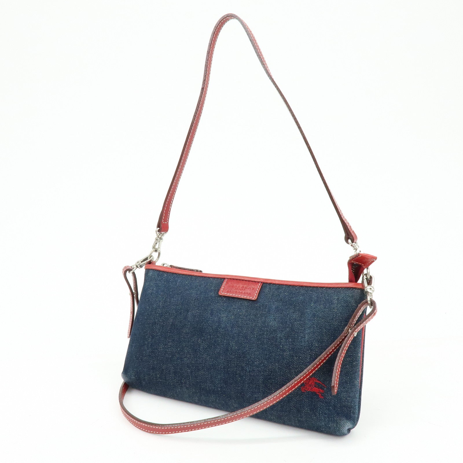 BURBERRY Blue Label Denim Leather 2Way Shoulder Hand Bag Blue Red