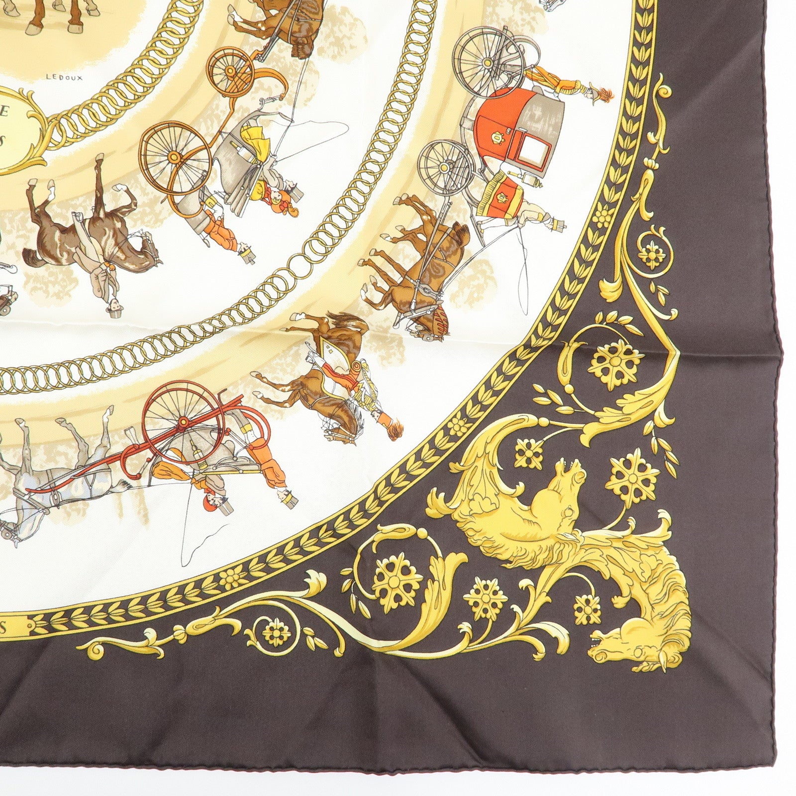 HERMES Carre 90 Silk 100% Scarf LA PROMENADE DE LONGCHAMPS Brown