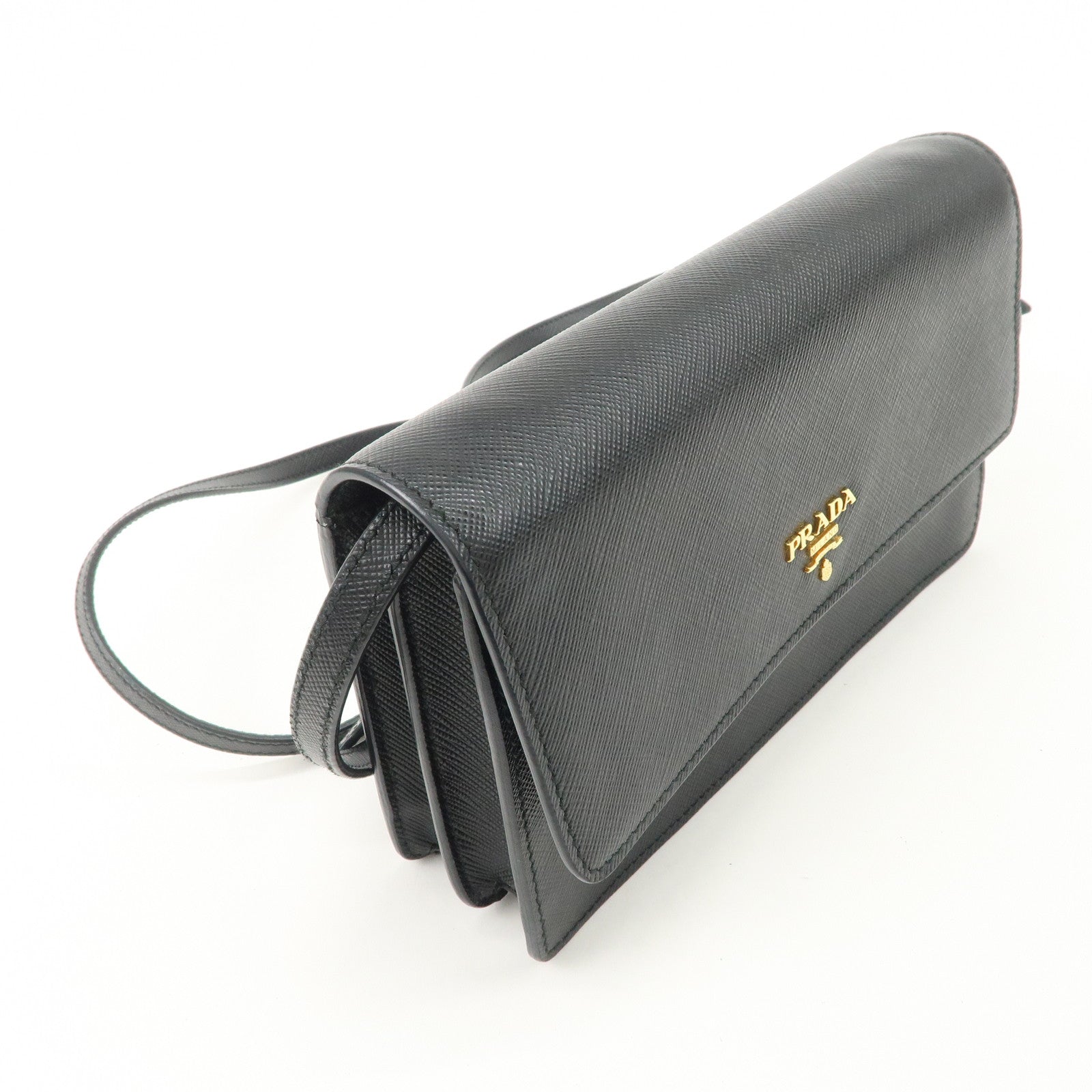 PRADA Saffiano Leather Shoulder Wallet Shoulder Bag Black BT1019