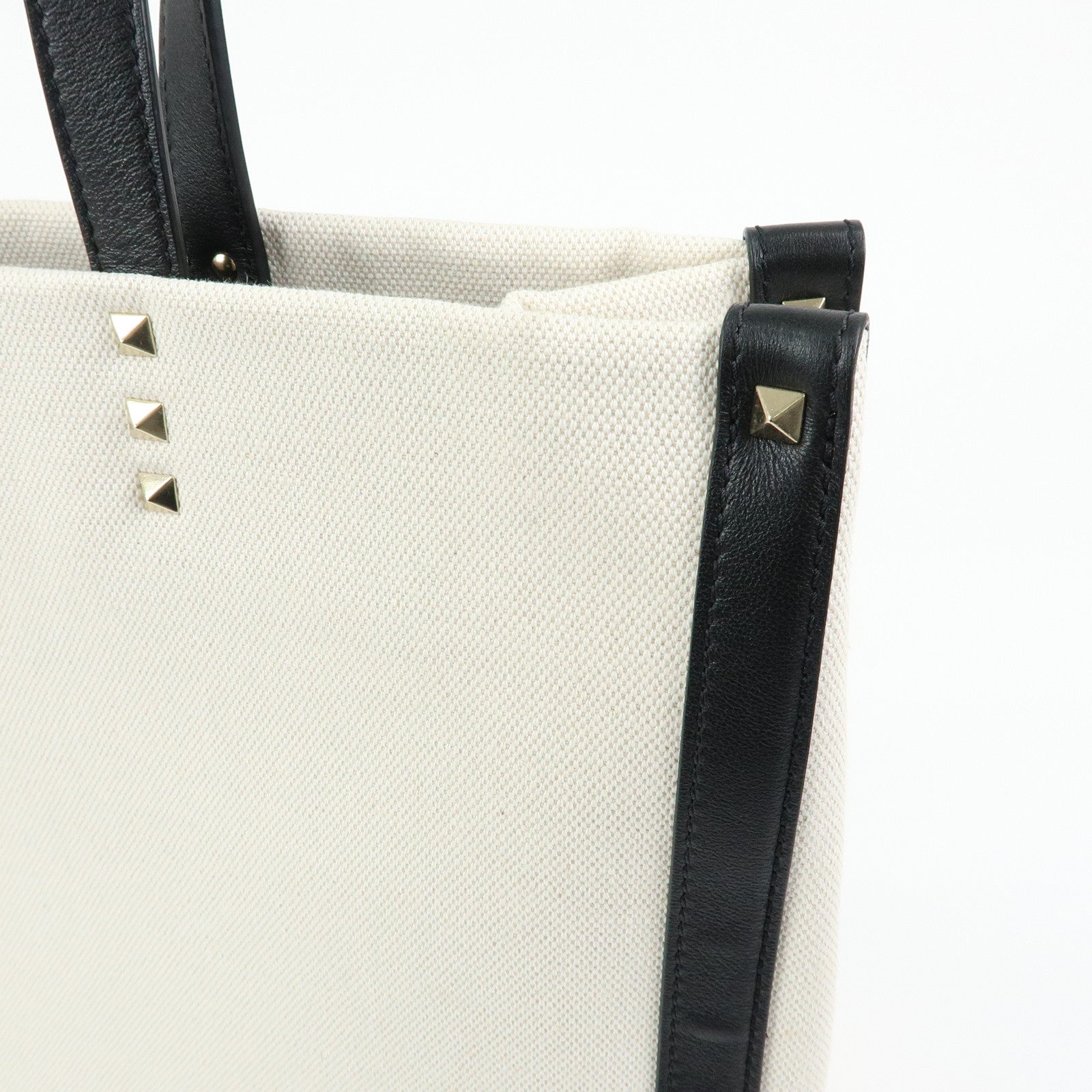 VALENTINO Rockstud Canvas Leather Tote Bag Hand Bag Natural Black